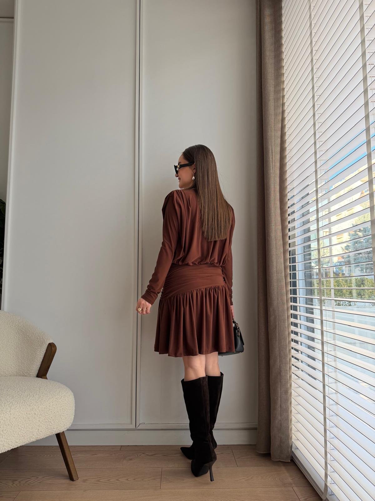 Kahve rengi Drapeli Mini Boy Elbise 112112