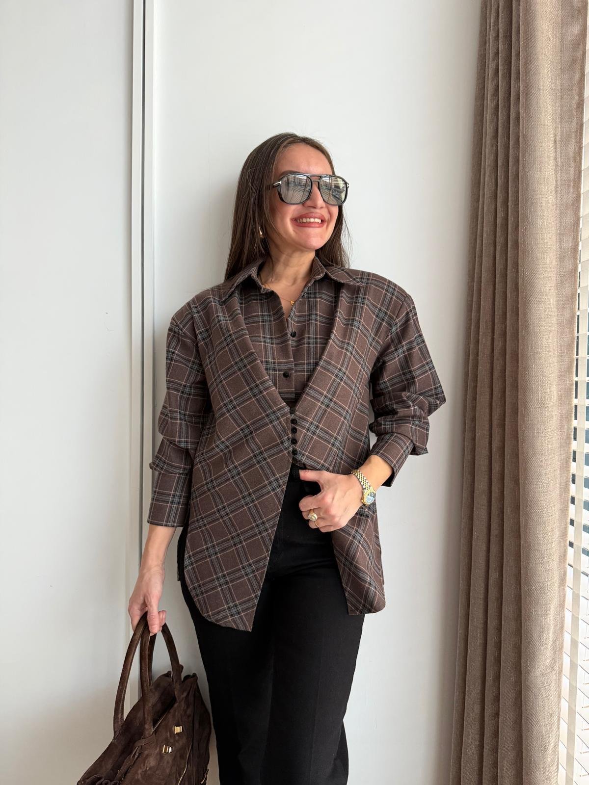 Kahve rengi Düğme Detaylı Vatkalı Ekose Gömlek 0241
