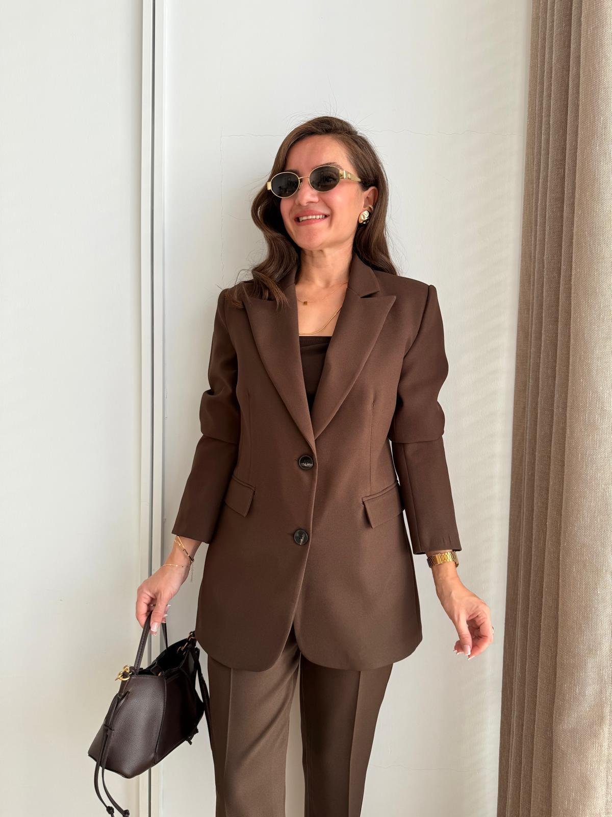 Kahve rengi Düğmeli Slimfit Blazer Ceket 7542
