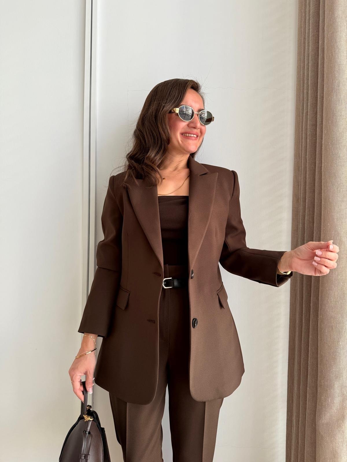Kahve rengi Düğmeli Slimfit Blazer Ceket 7542