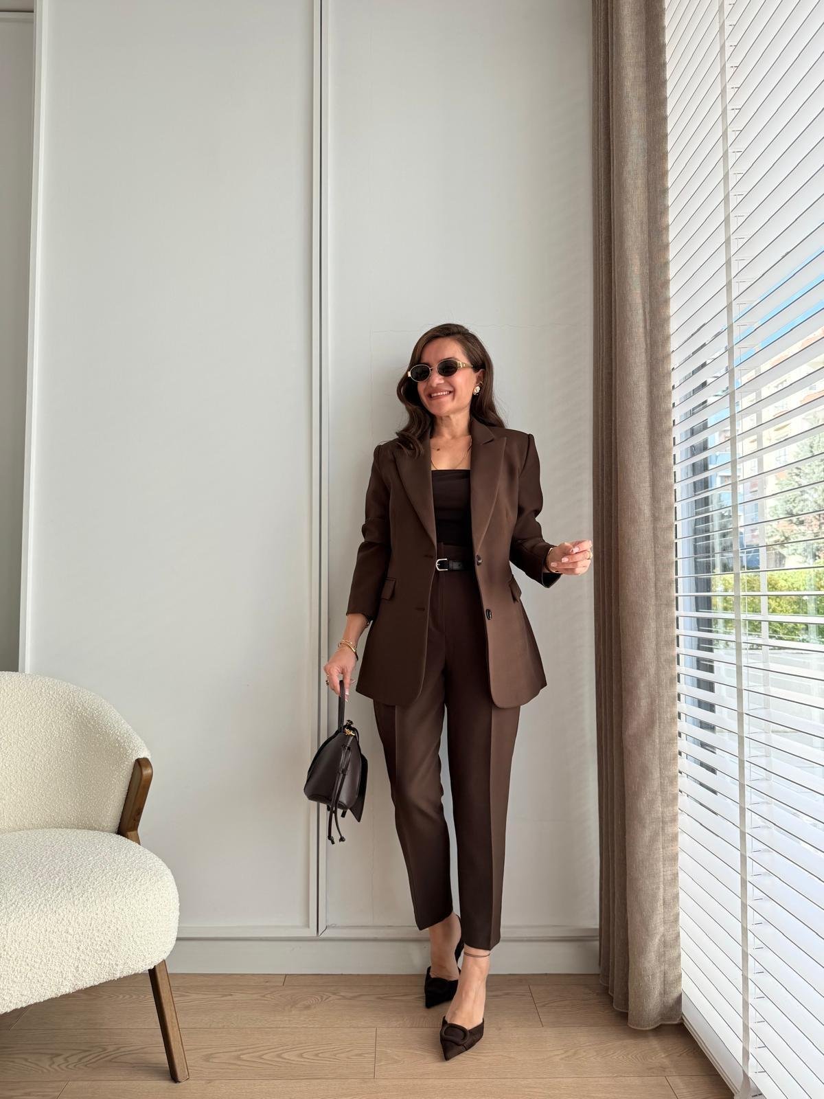 Kahve rengi Düğmeli Slimfit Blazer Ceket 7542