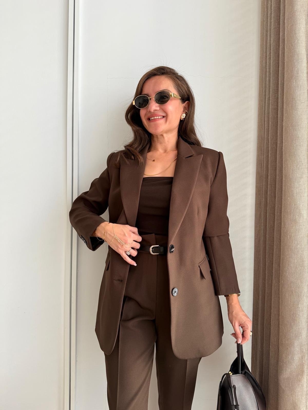 Kahve rengi Düğmeli Slimfit Blazer Ceket 7542