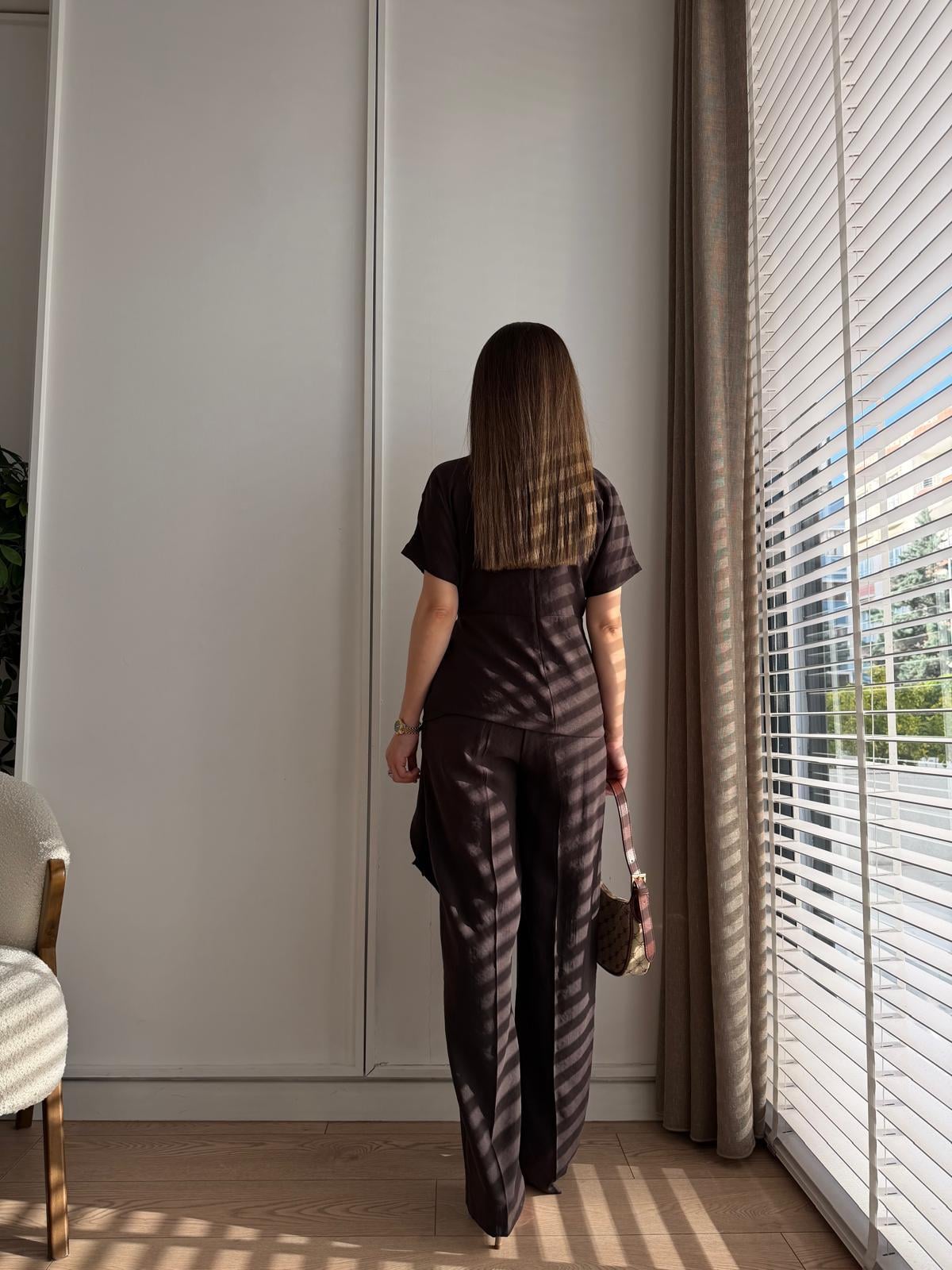 Kahve rengi Düğümlü Kısa Kol Bluz Pantolon Takım 9154