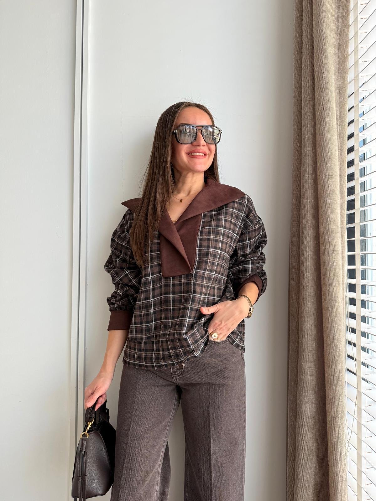 Kahve rengi Ekose Desen Garnili Sweatshirt 36905