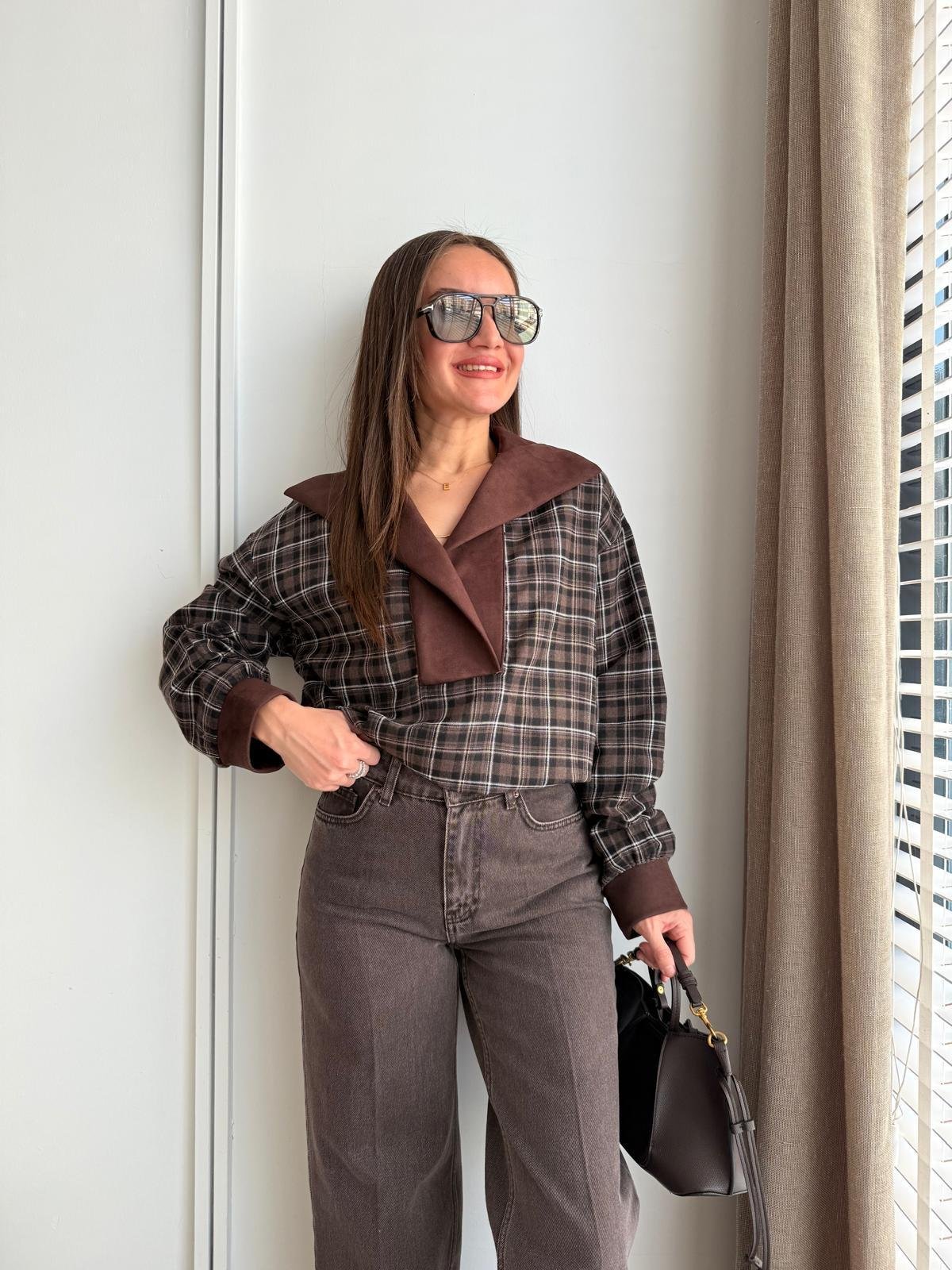 Kahve rengi Ekose Desen Garnili Sweatshirt 36905