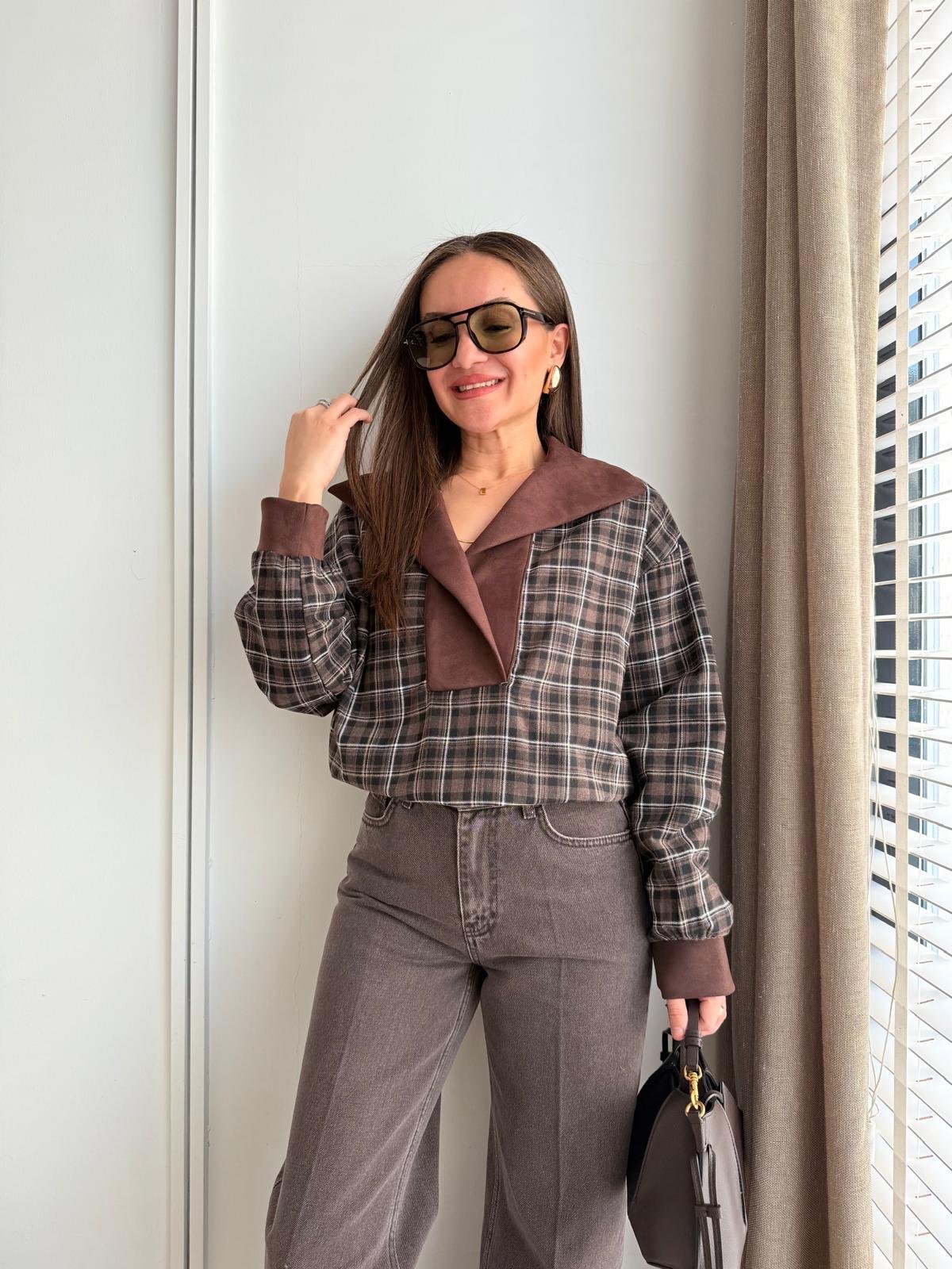 Kahve rengi Ekose Desen Garnili Sweatshirt 36905