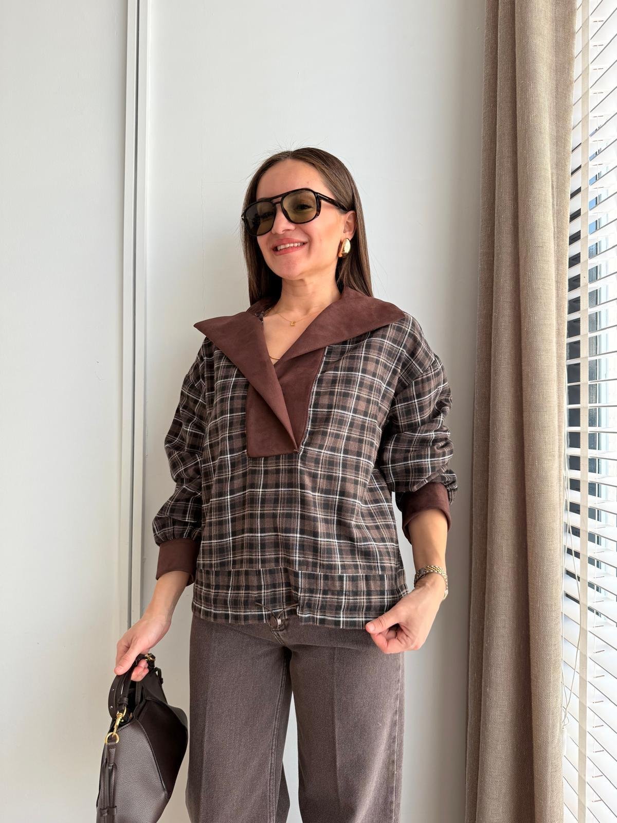Kahve rengi Ekose Desen Garnili Sweatshirt 36905