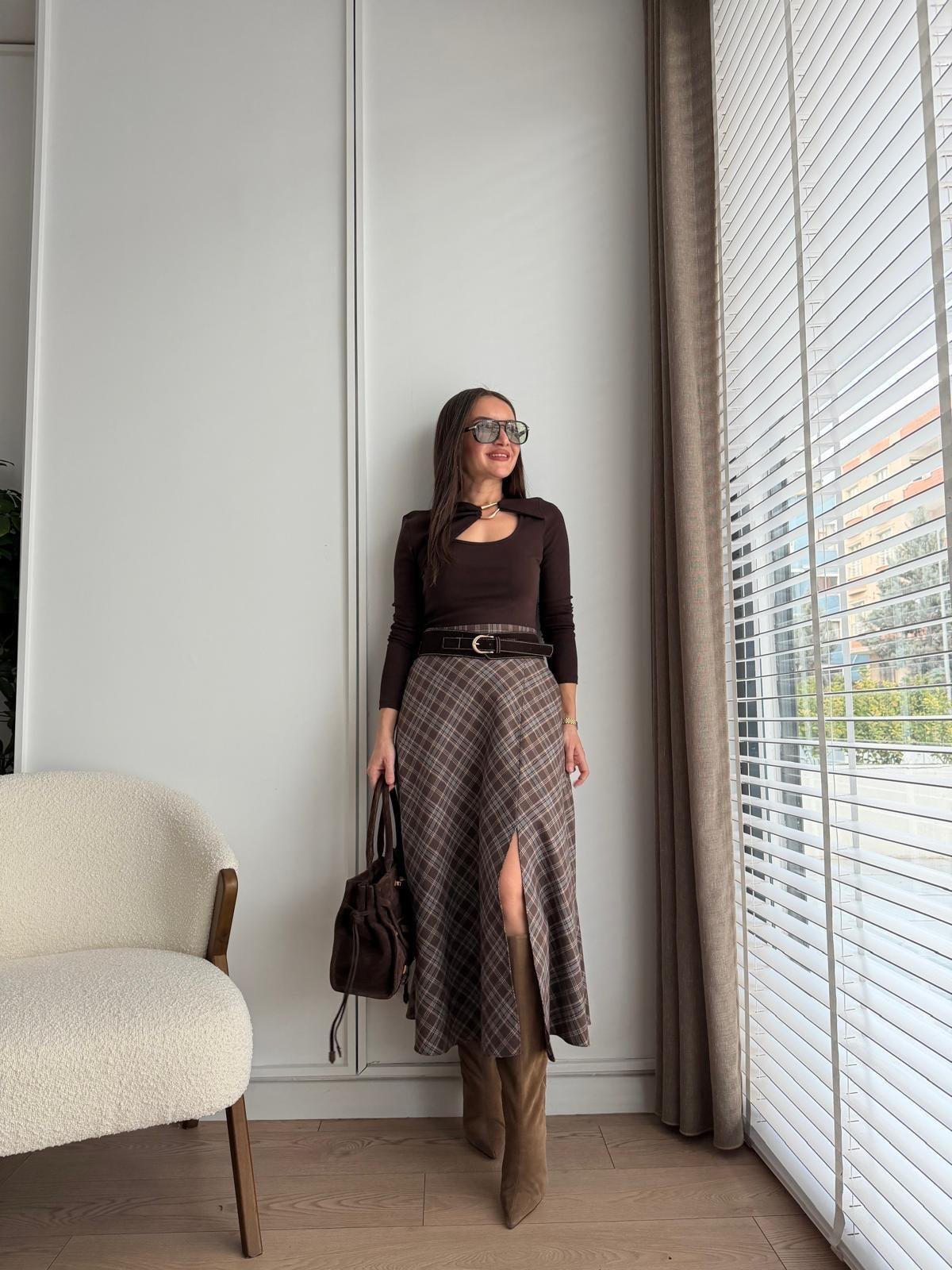 Kahve rengi Ekose Desen Kemerli Etek 36890