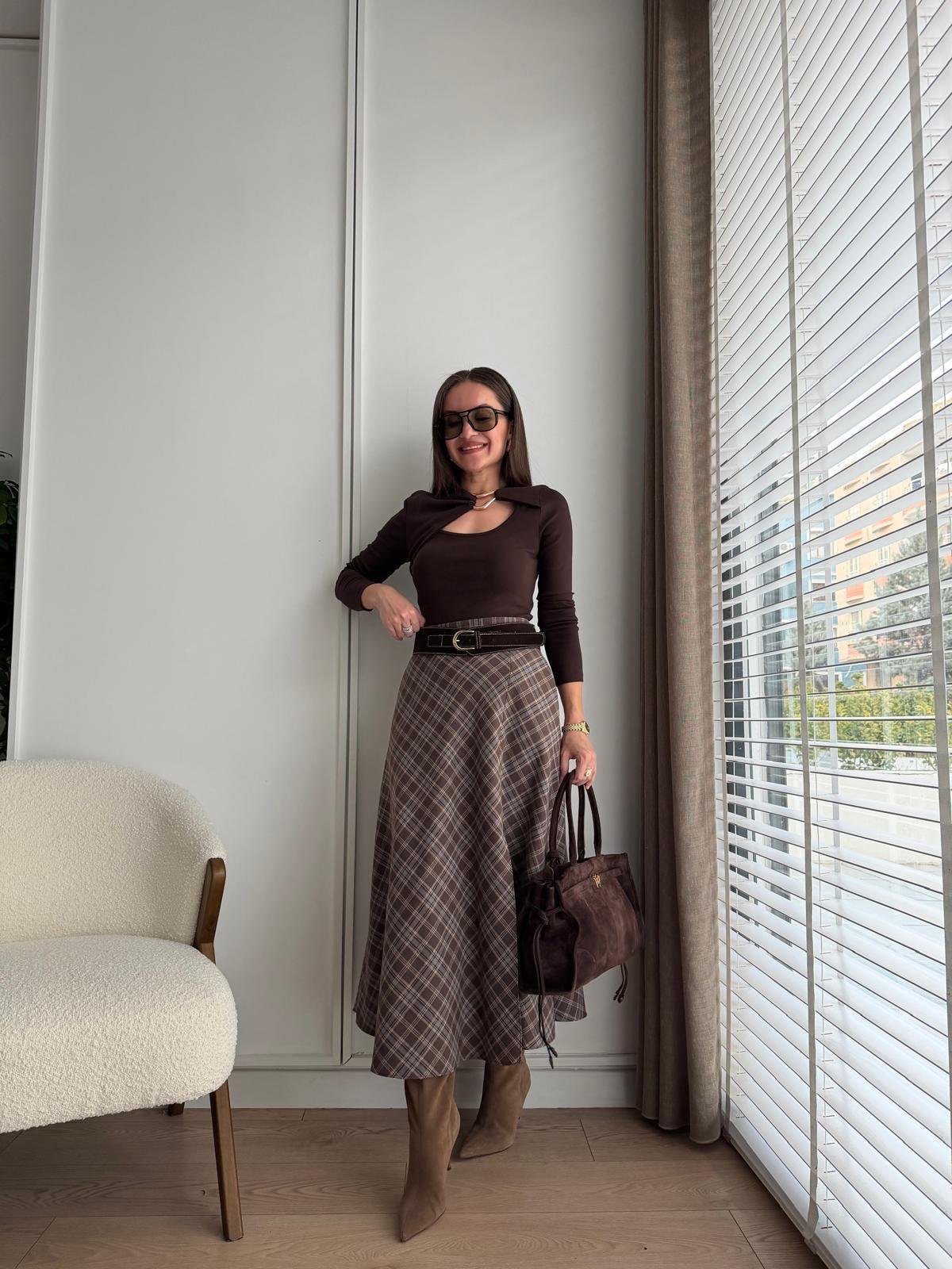 Kahve rengi Ekose Desen Kemerli Etek 36890