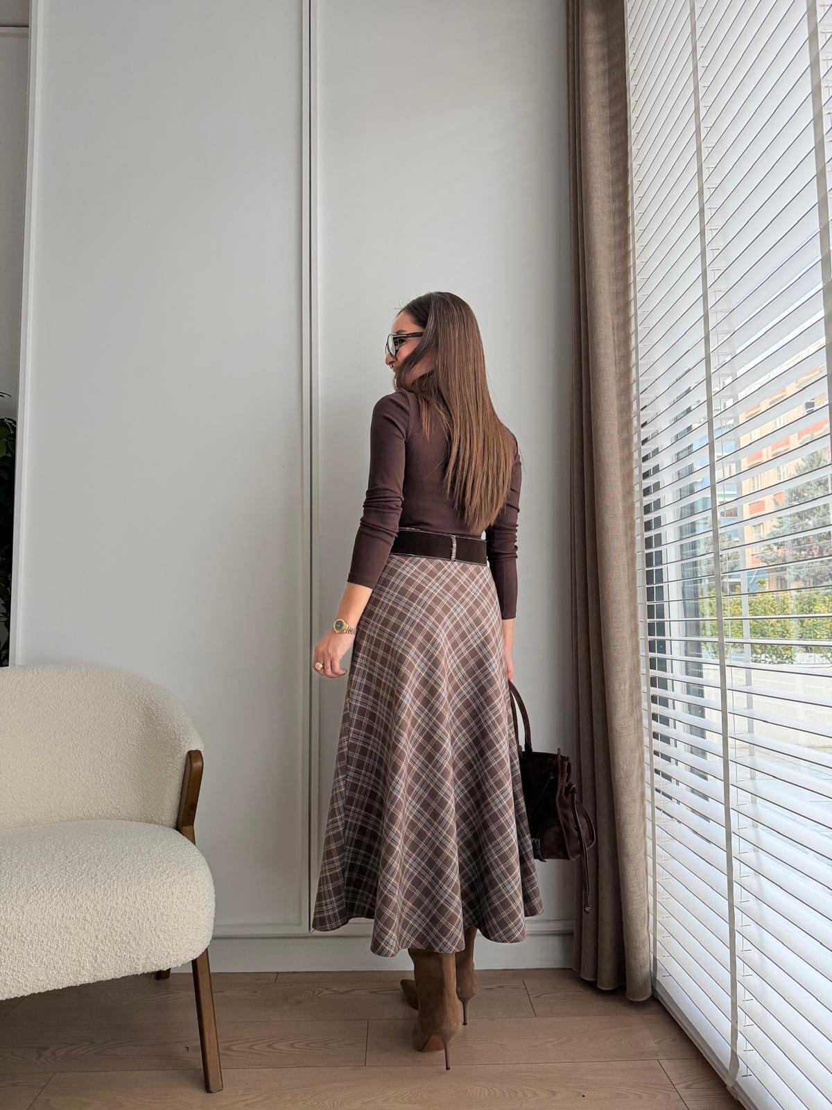 Kahve rengi Ekose Desen Kemerli Etek 36890