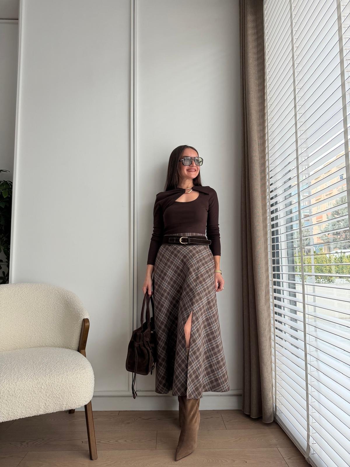 Kahve rengi Ekose Desen Kemerli Etek 36890