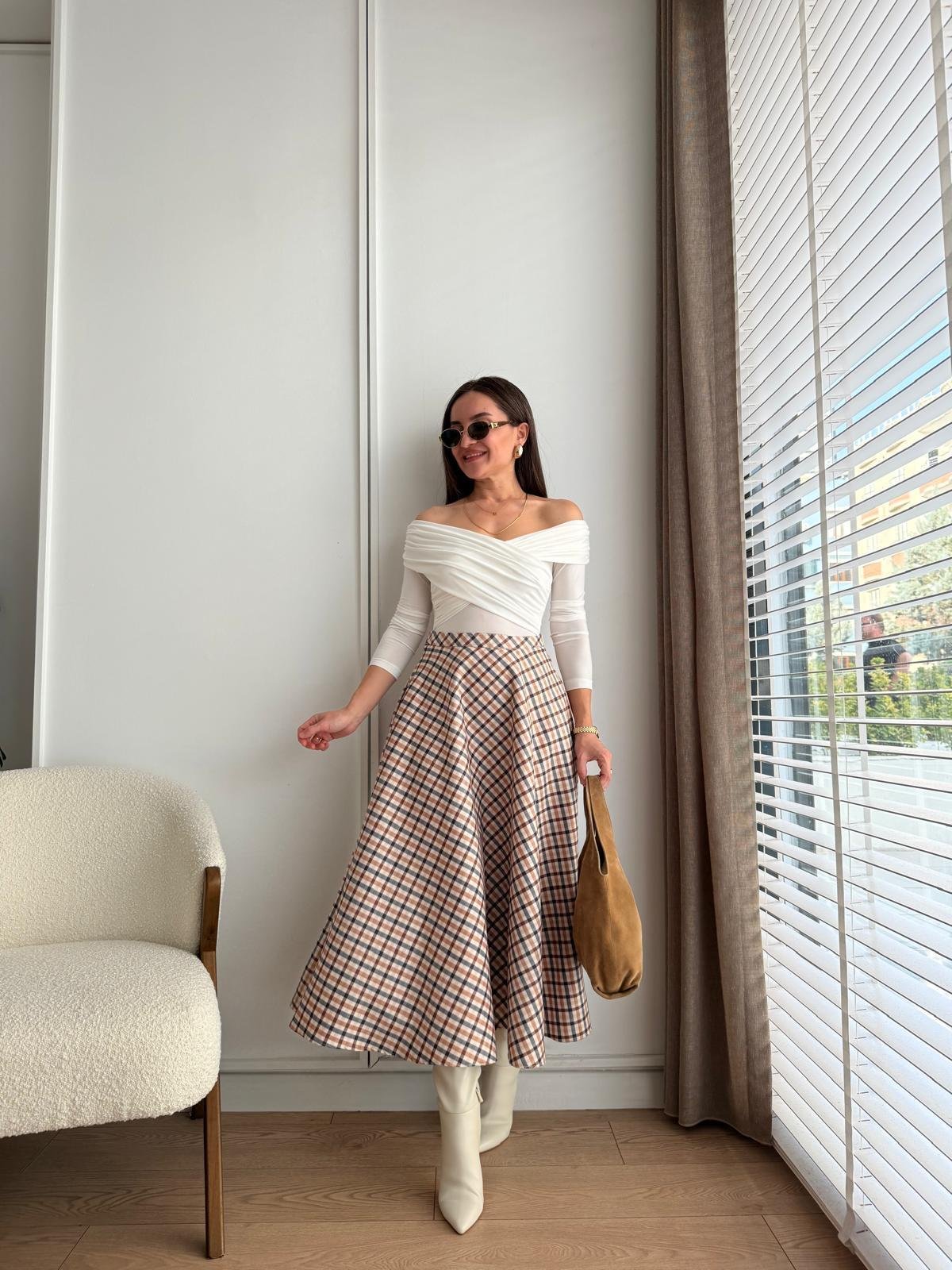 Kahve rengi Ekose Desenli Süet Midi Etek 2226