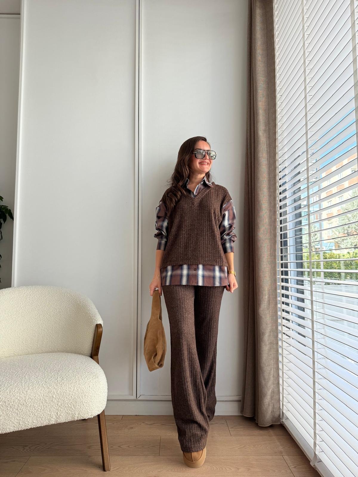 Kahve rengi Ekose Detaylı Fitilli Takım 36596