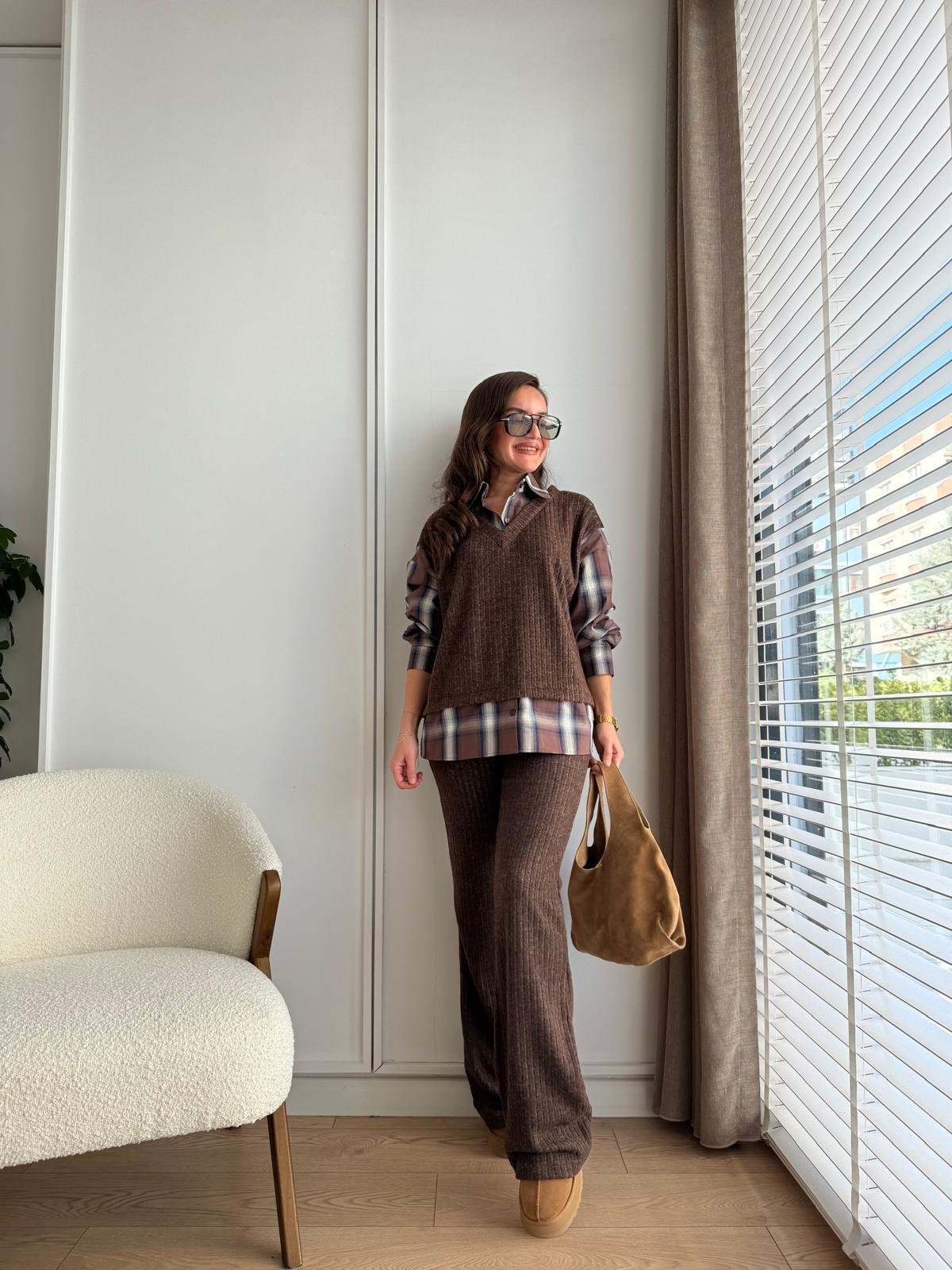 Kahve rengi Ekose Detaylı Fitilli Takım 36596