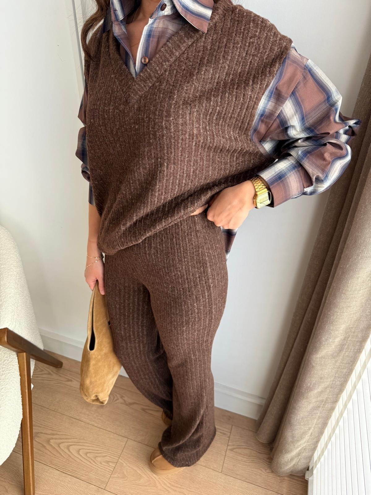 Kahve rengi Ekose Detaylı Fitilli Takım 36596
