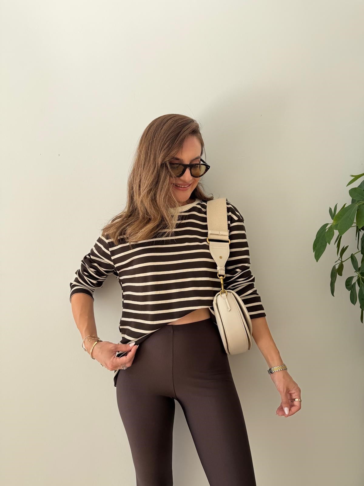 Kahve rengi Ekru Çizgili Basic Sweatshirt 261147