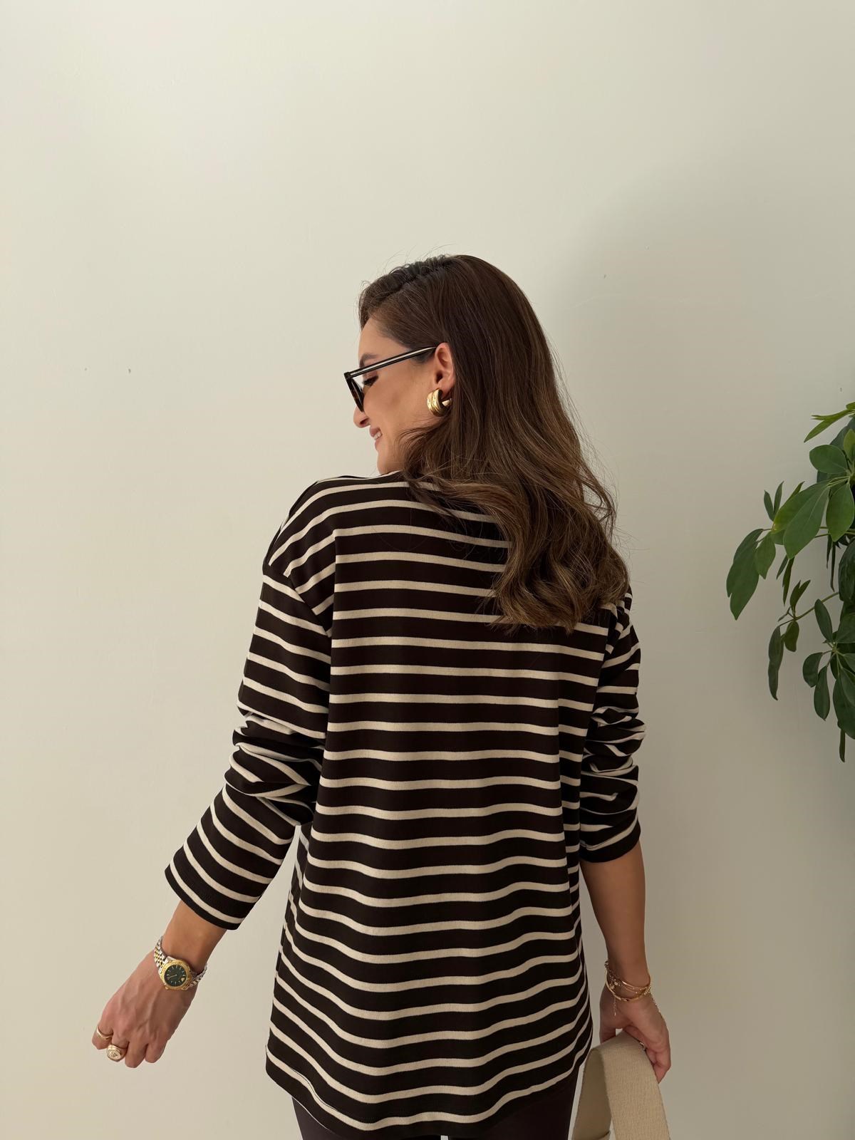 Kahve rengi Ekru Çizgili Basic Sweatshirt 261147