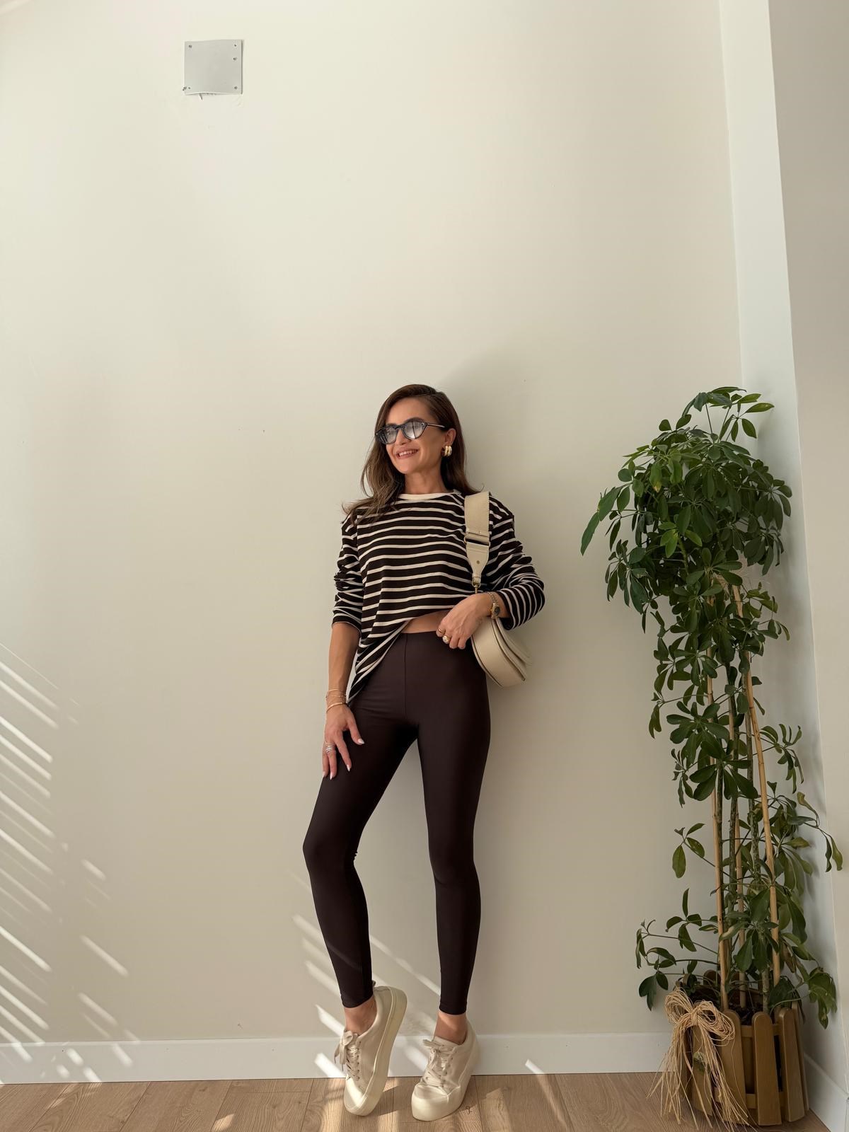 Kahve rengi Ekru Çizgili Basic Sweatshirt 261147
