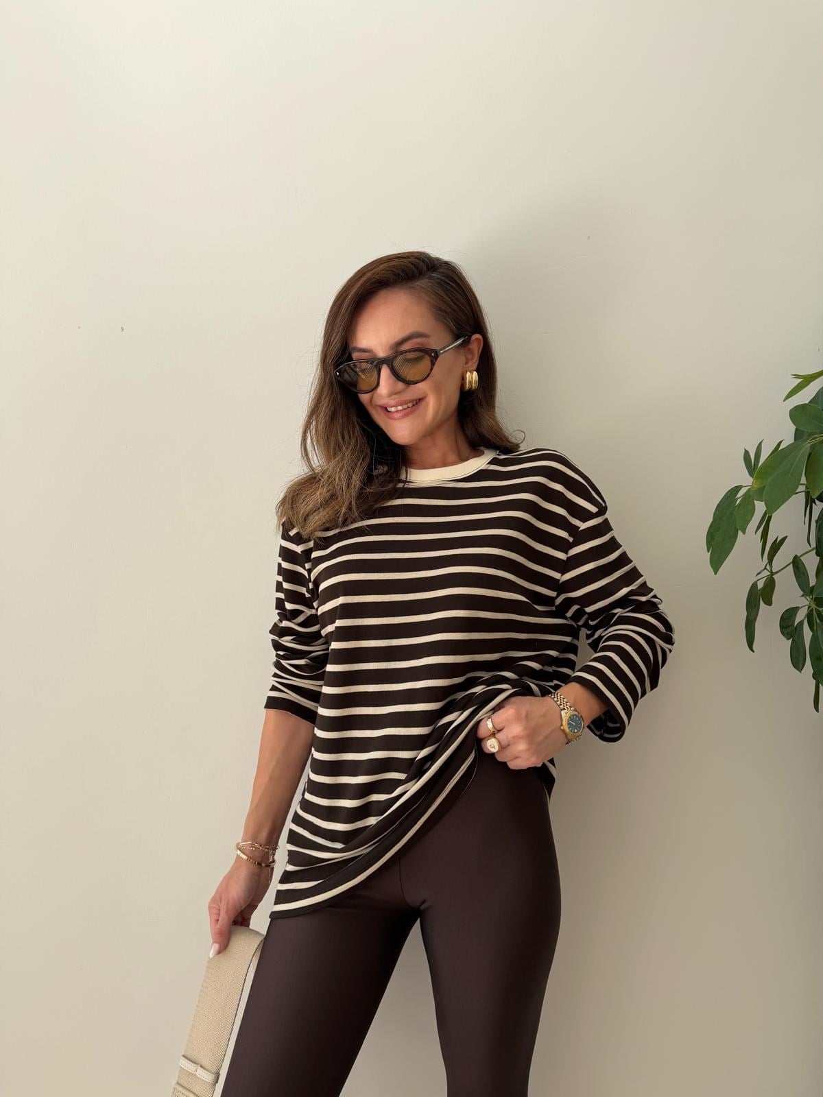 Kahve rengi Ekru Çizgili Basic Sweatshirt 261147
