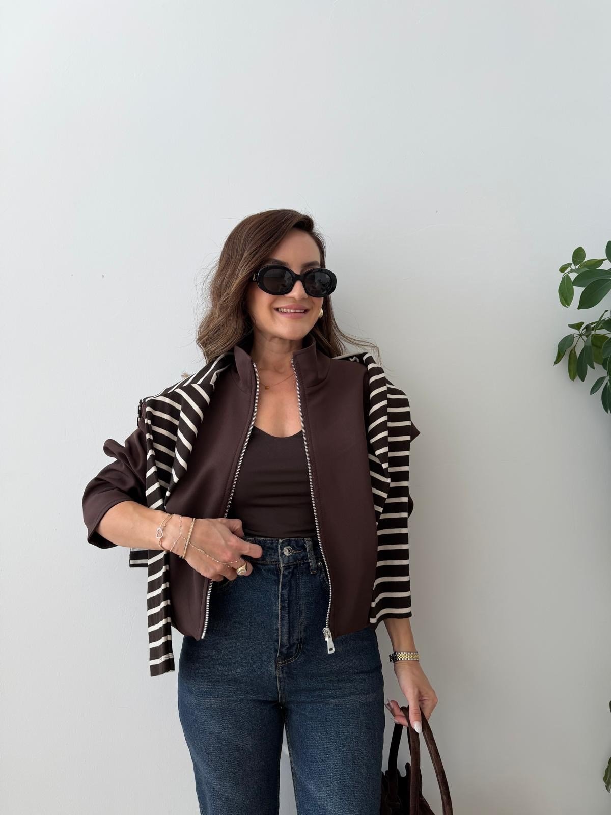 Kahve rengi Fermuarlı Bel Lastikli Ceket 6393
