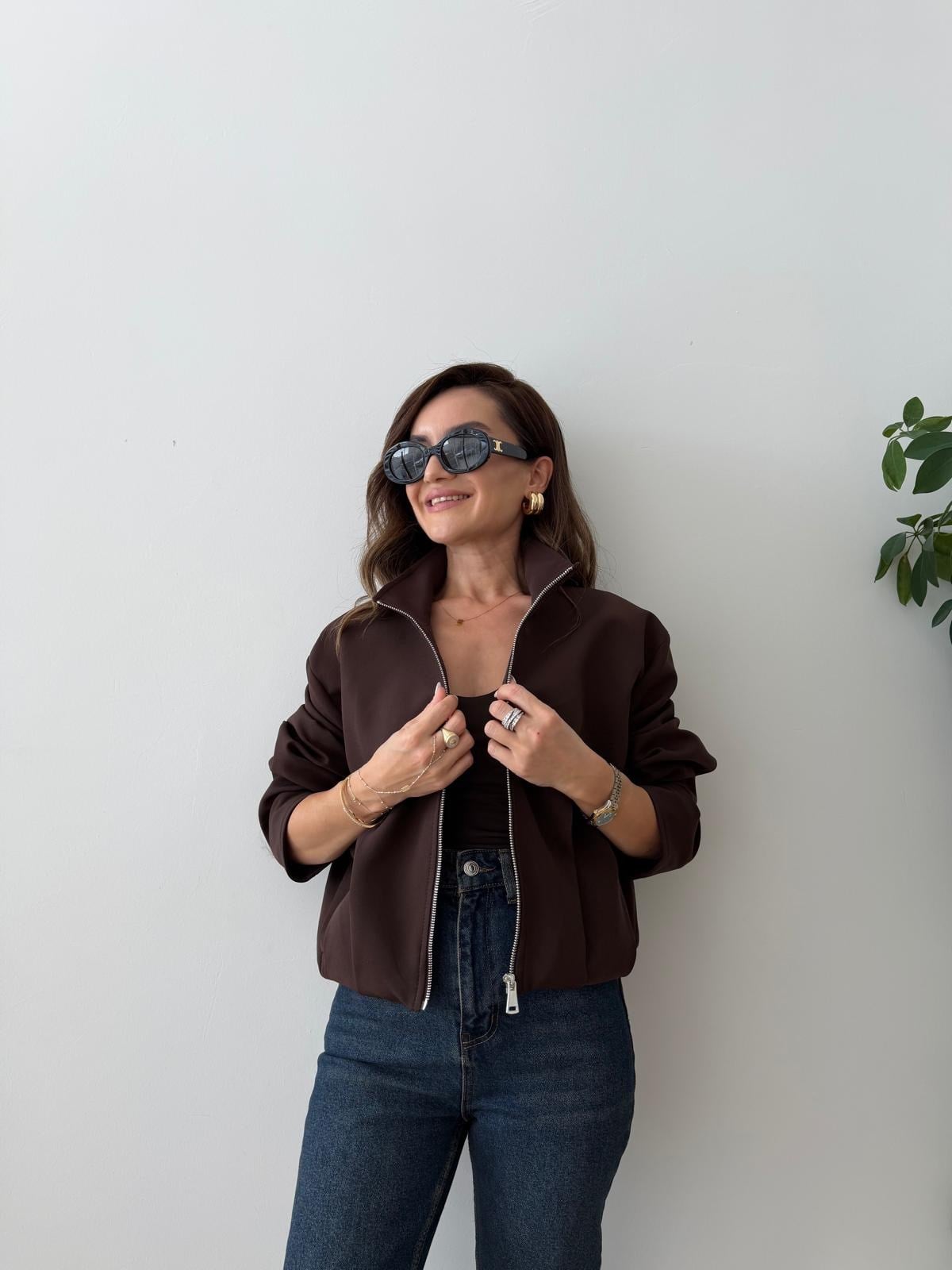 Kahve rengi Fermuarlı Bel Lastikli Ceket 6393