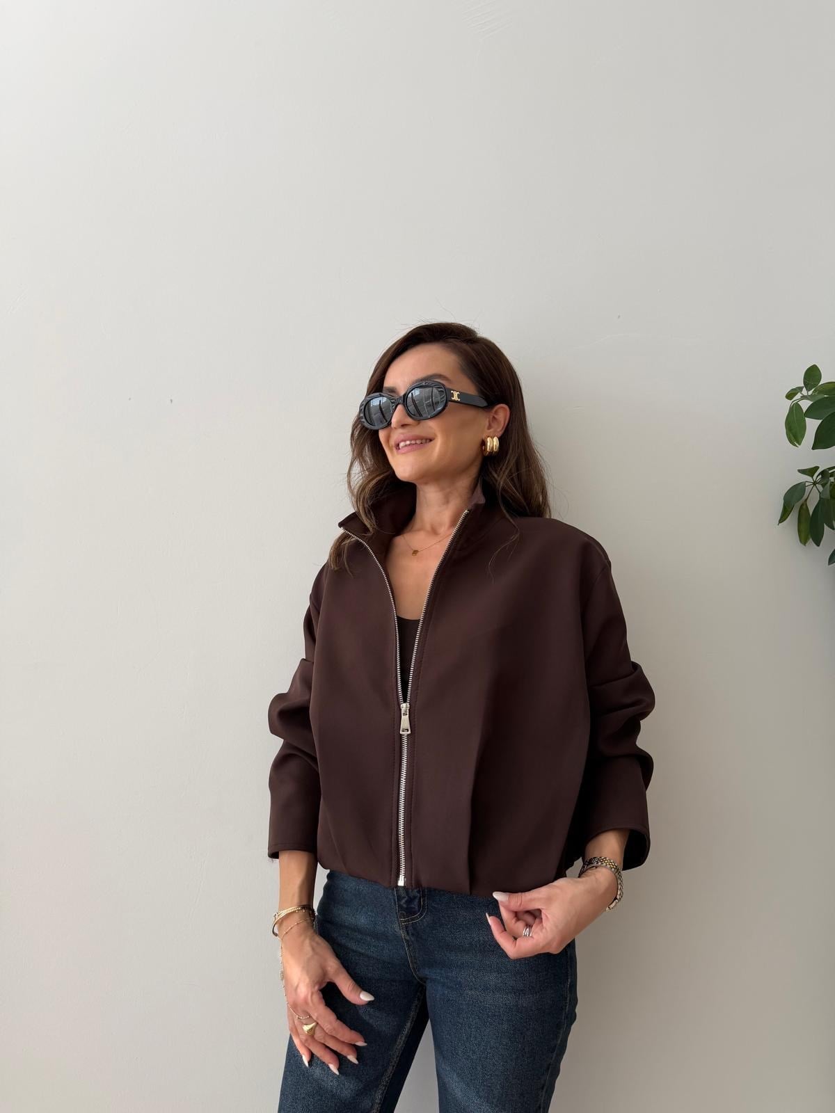 Kahve rengi Fermuarlı Bel Lastikli Ceket 6393