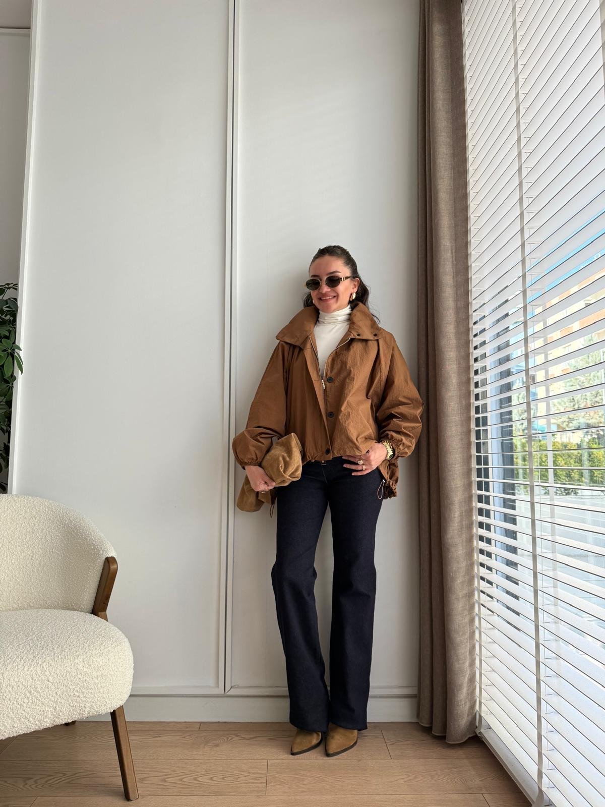Kahve rengi Fermuarlı Bel Lastikli Rüzgarlık 36721