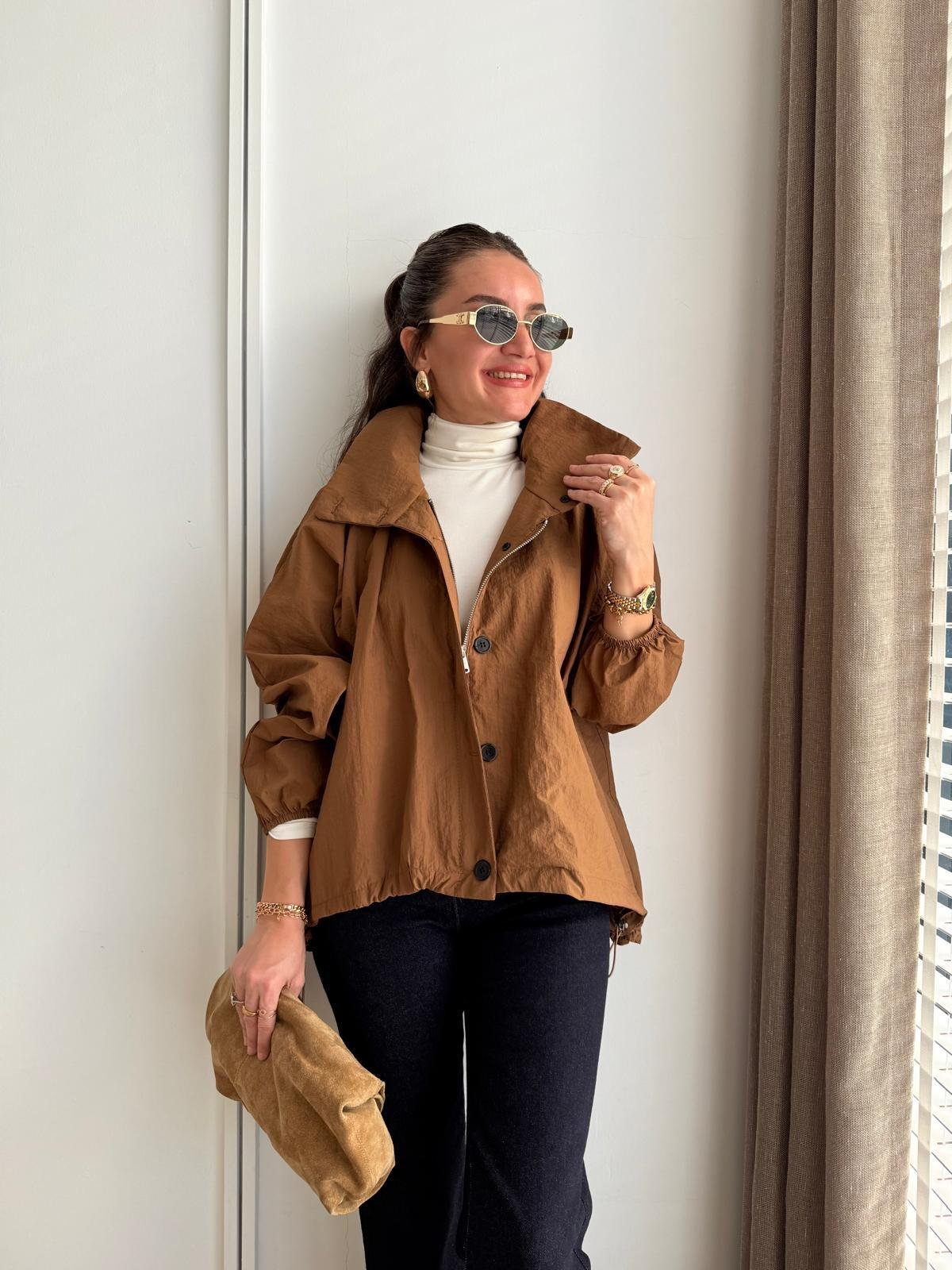 Kahve rengi Fermuarlı Bel Lastikli Rüzgarlık 36721