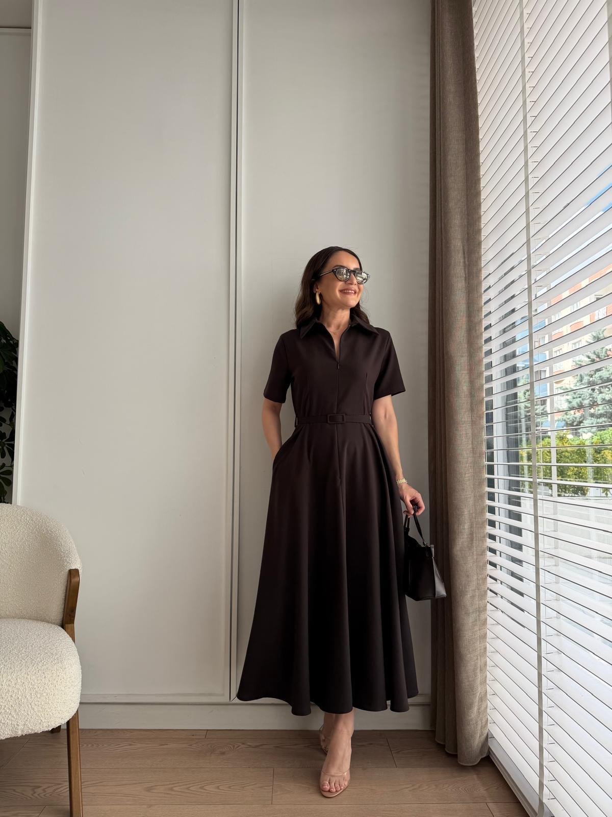 Kahve rengi Fermuarlı Kemerli Keten Elbise 2341