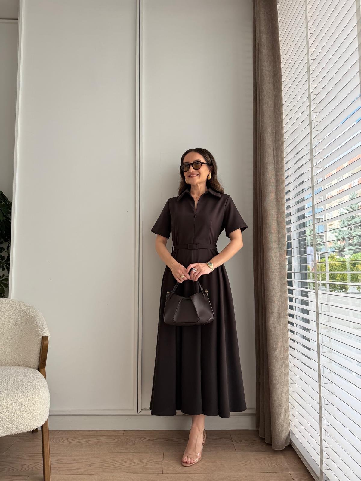 Kahve rengi Fermuarlı Kemerli Keten Elbise 2341