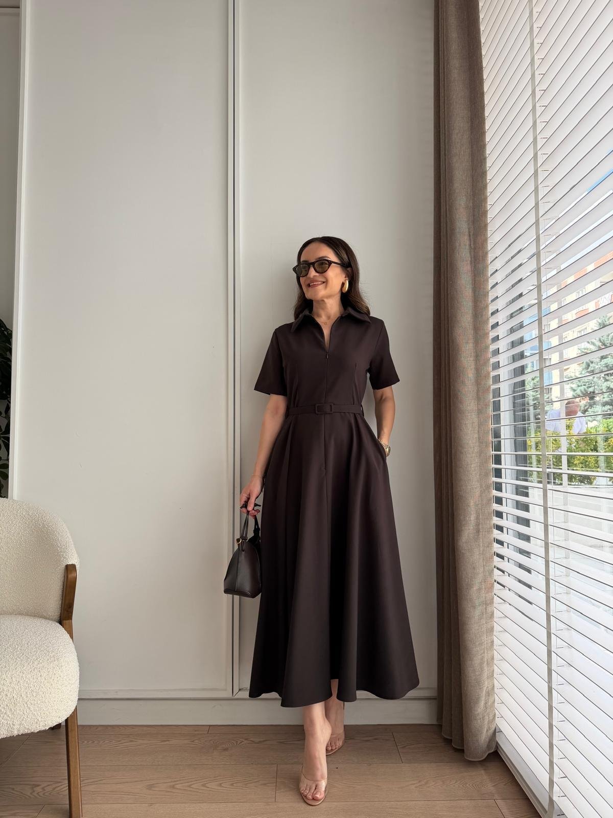 Kahve rengi Fermuarlı Kemerli Keten Elbise 2341