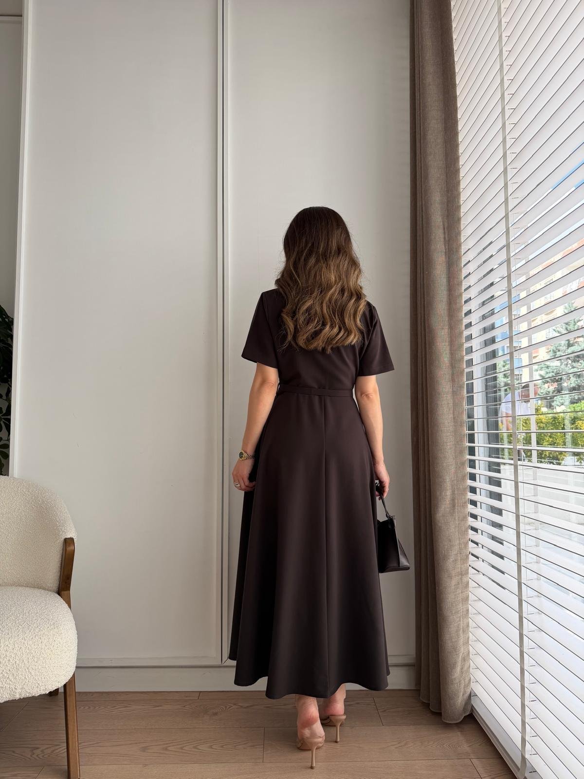 Kahve rengi Fermuarlı Kemerli Keten Elbise 2341