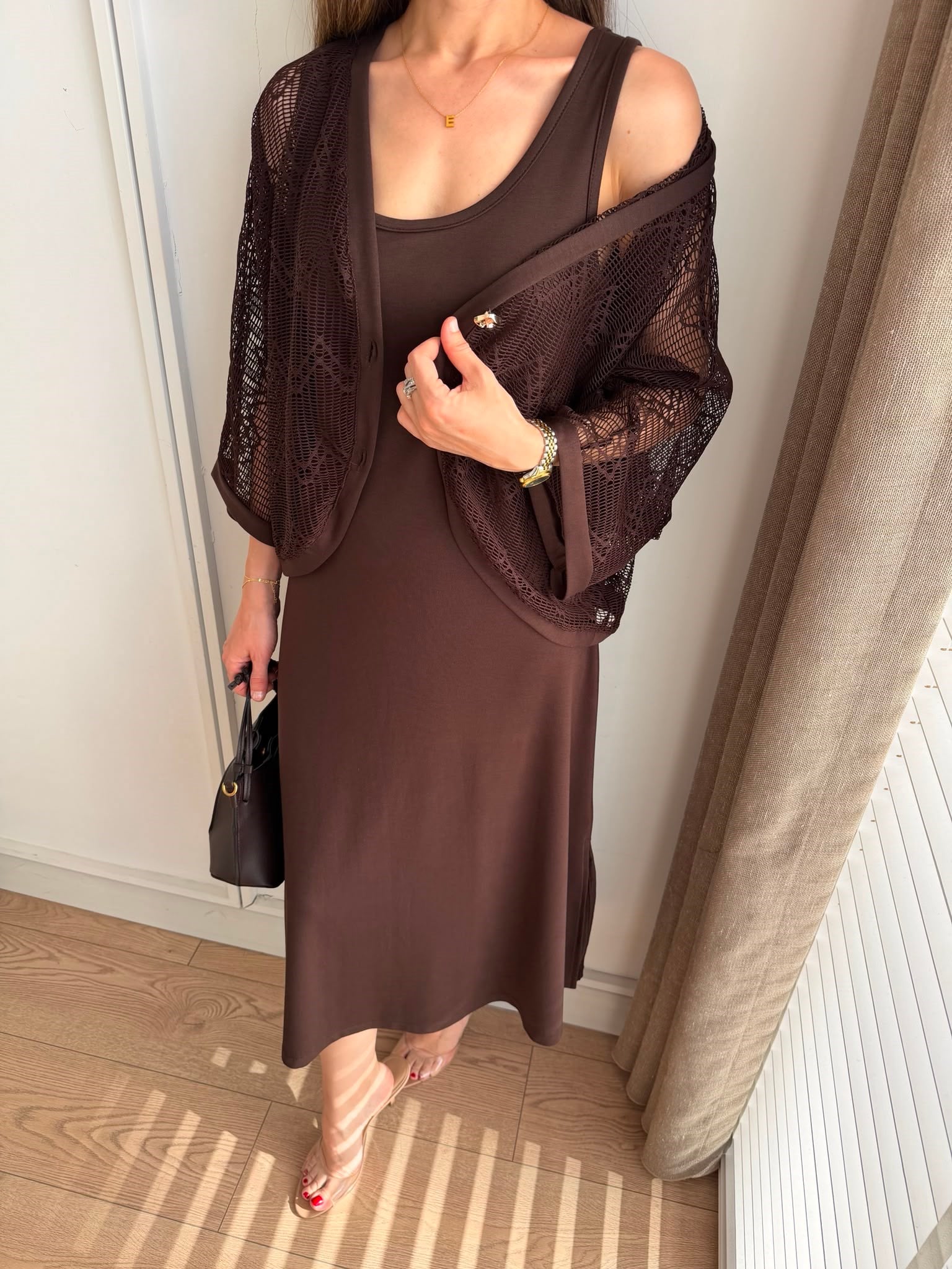 Kahve rengi File Hırkalı Modal Kumaş Elbise Takım 2428