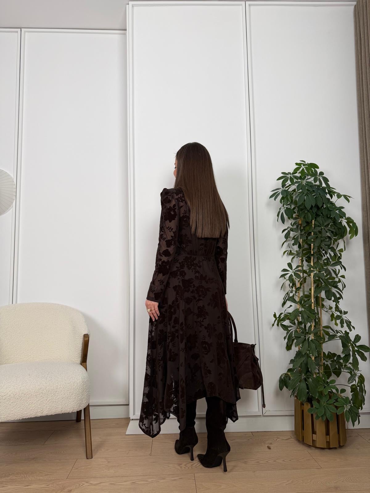 Kahve rengi Flog Baskılı Ön Düğüm Detaylı Elbise 35534
