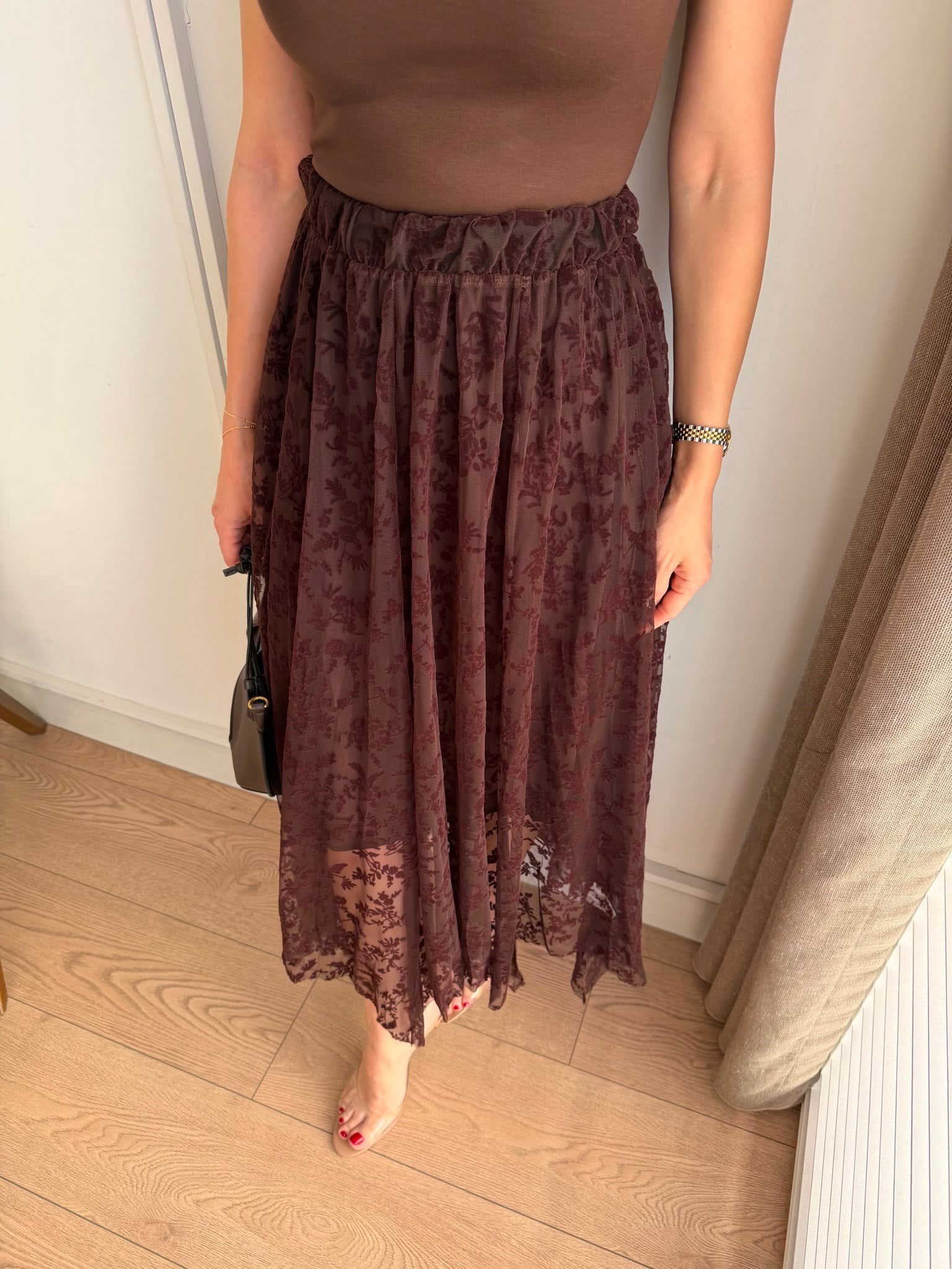 Kahve rengi Flok Baskılı Asimetrik Kesim Etek 22998