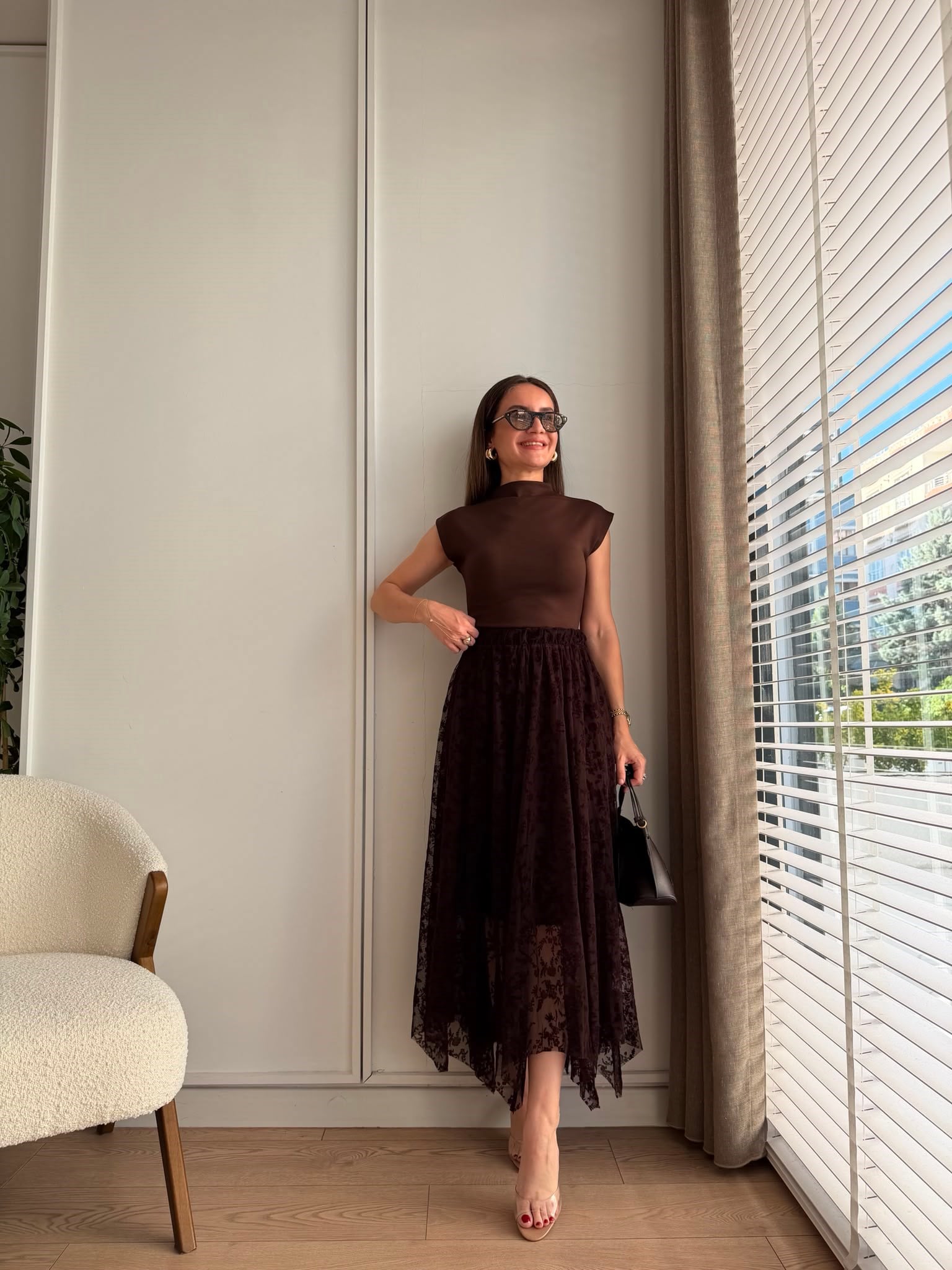 Kahve rengi Flok Baskılı Asimetrik Kesim Etek 22998