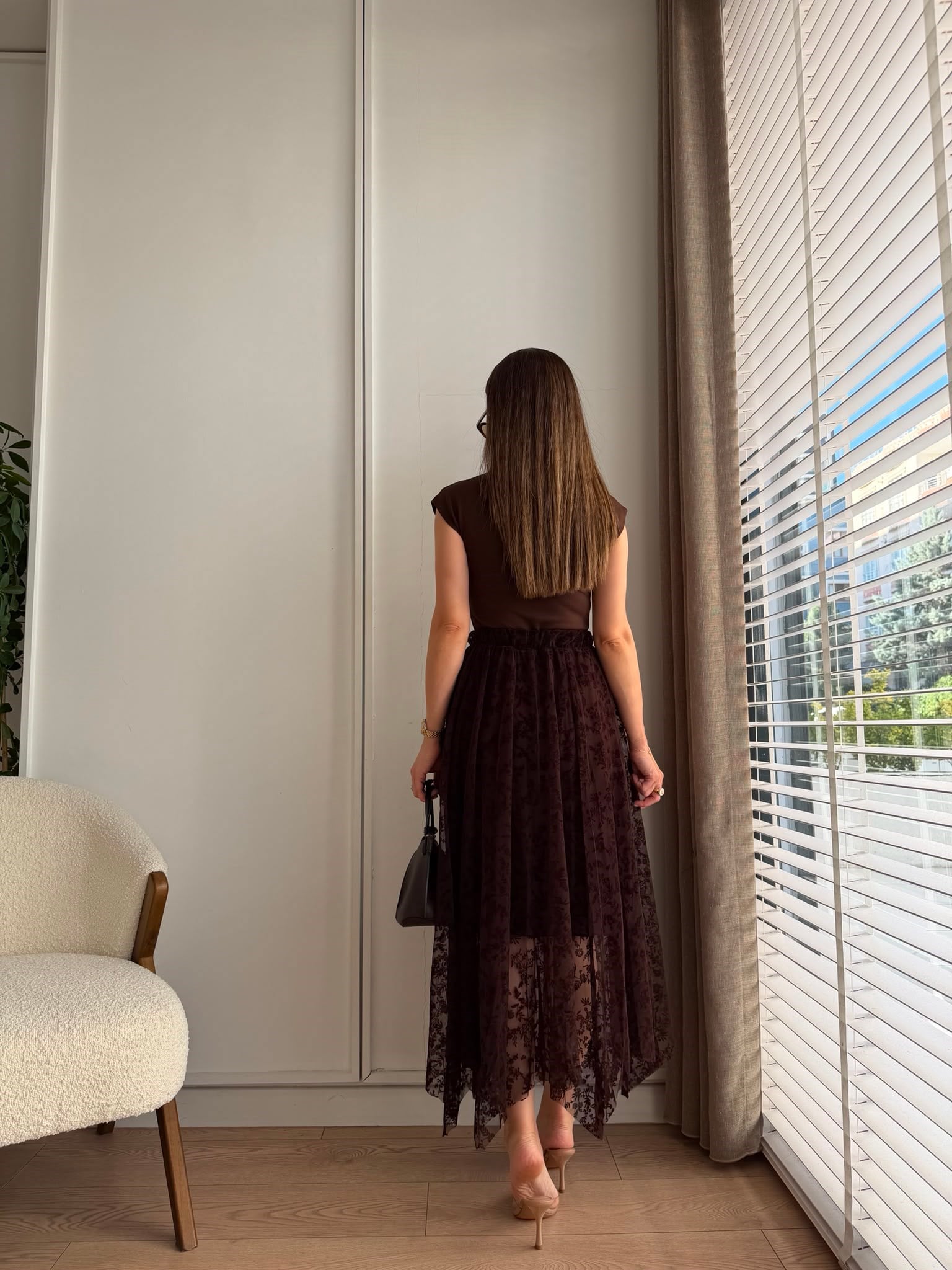 Kahve rengi Flok Baskılı Asimetrik Kesim Etek 22998