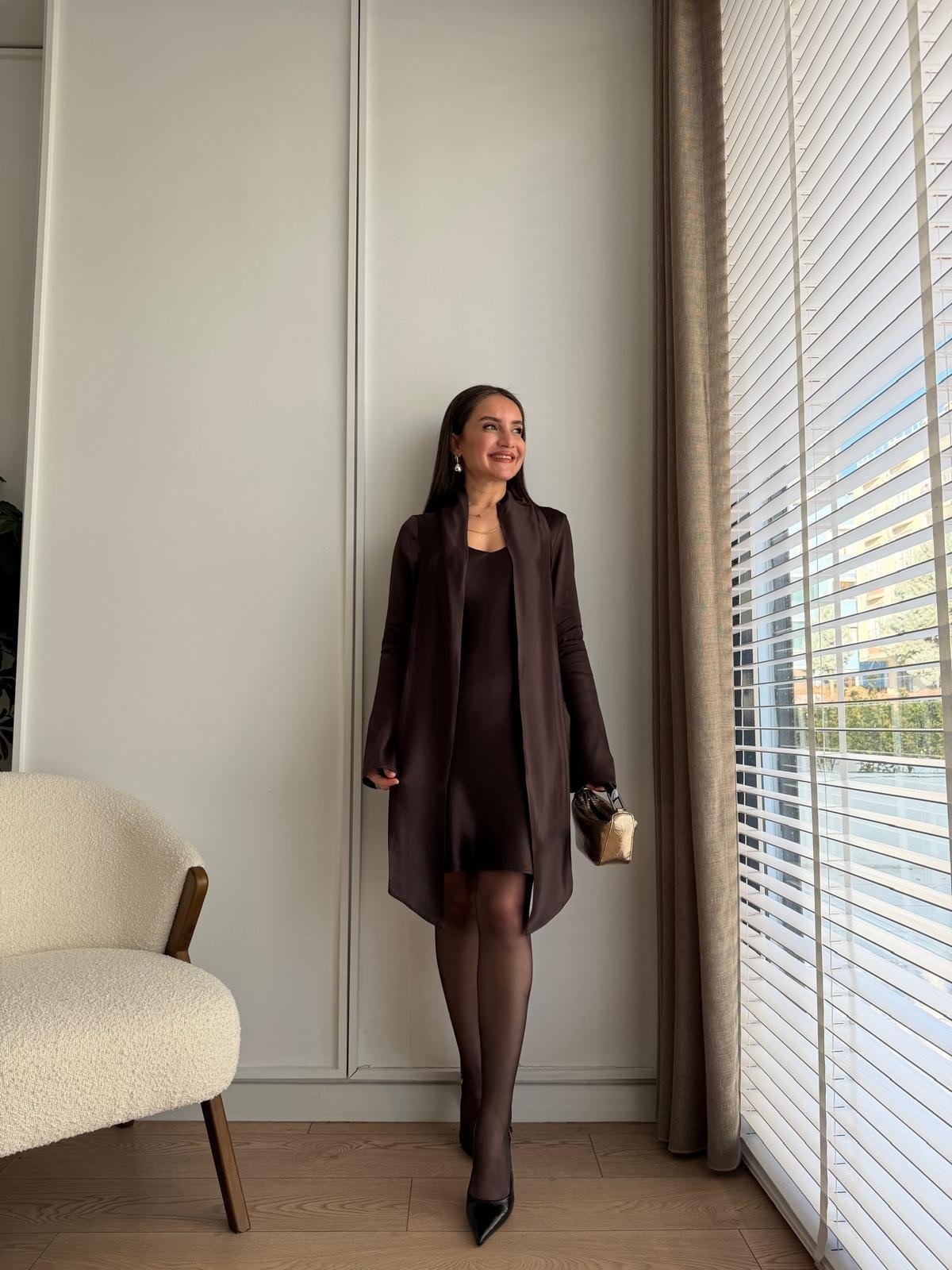Kahve rengi Fular Detaylı Mini Boy Saten Elbise 7778