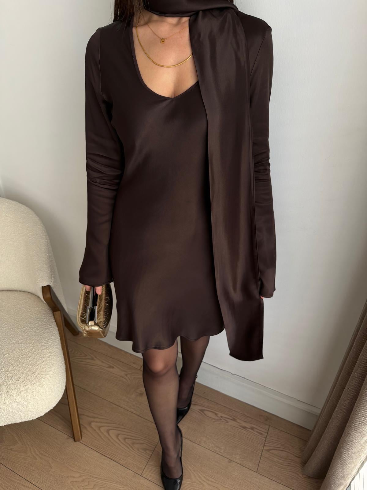 Kahve rengi Fular Detaylı Mini Boy Saten Elbise 7778