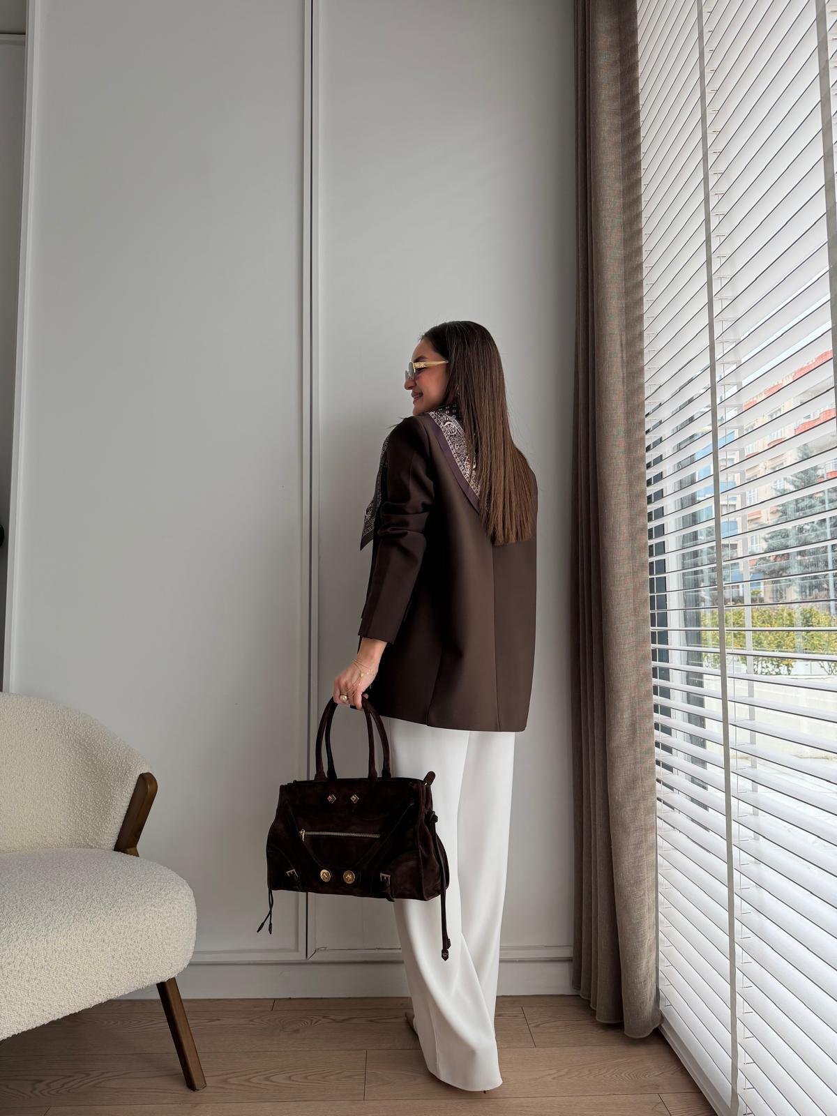 Kahve rengi Fular Detaylı Vatkalı Blazer Ceket 7665