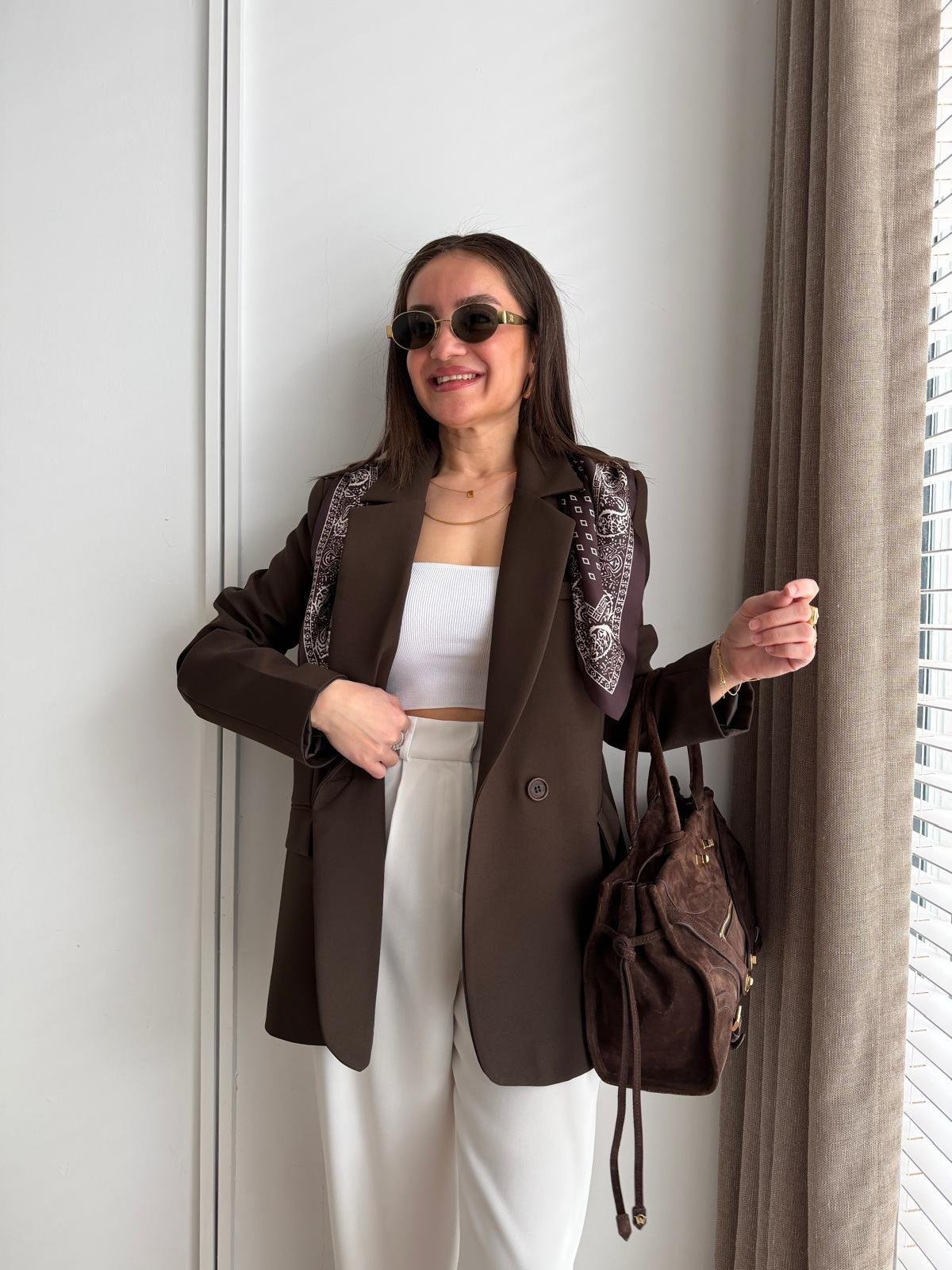 Kahve rengi Fular Detaylı Vatkalı Blazer Ceket 7665