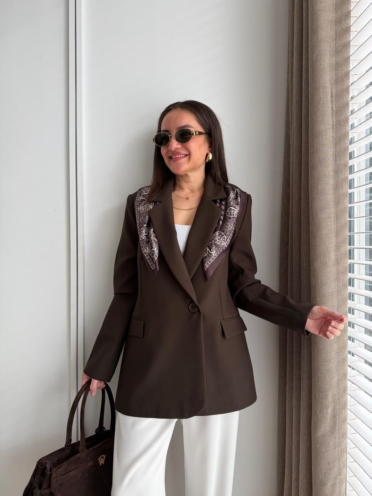 Kahve rengi Fular Detaylı Vatkalı Blazer Ceket 7665