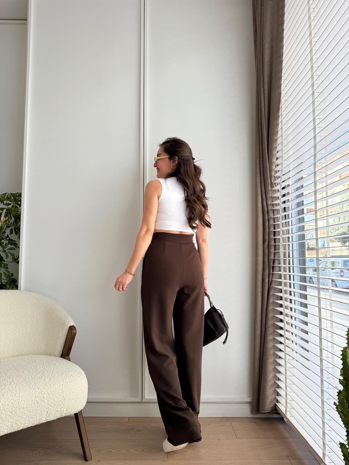Kahve rengi Full Likralı Bel Detaylı Palazzo Pantolon 3826