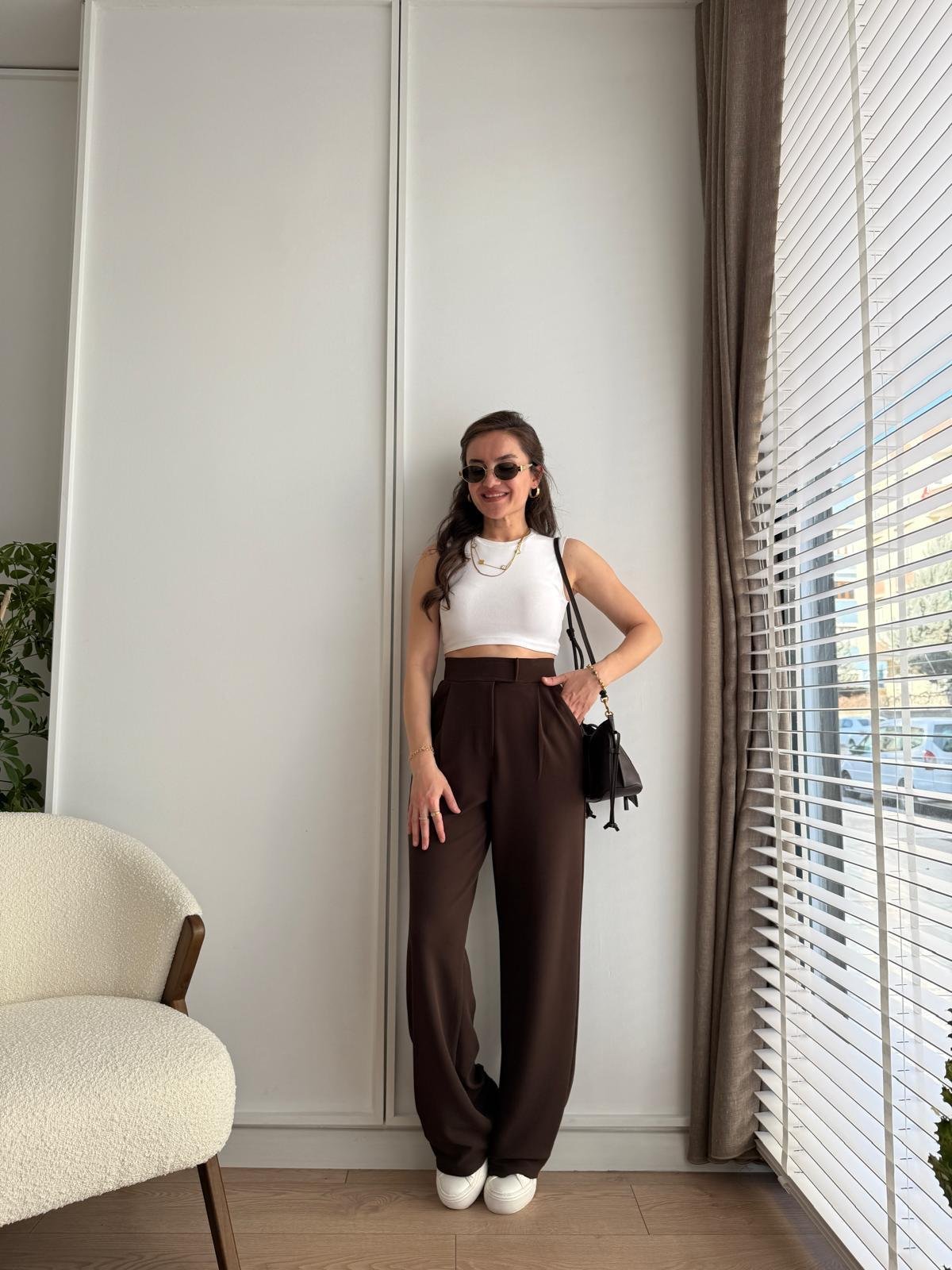 Kahve rengi Full Likralı Bel Detaylı Palazzo Pantolon 3826