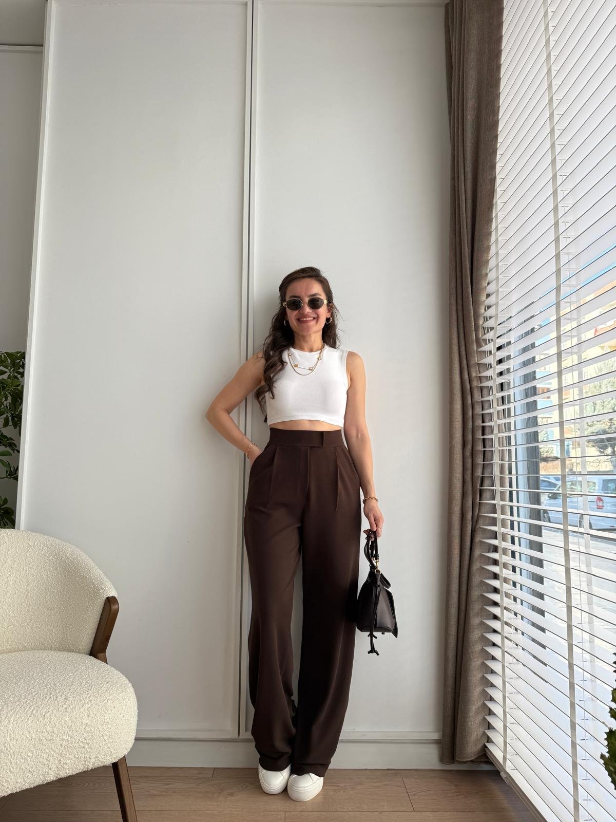 Kahve rengi Full Likralı Bel Detaylı Palazzo Pantolon 3826