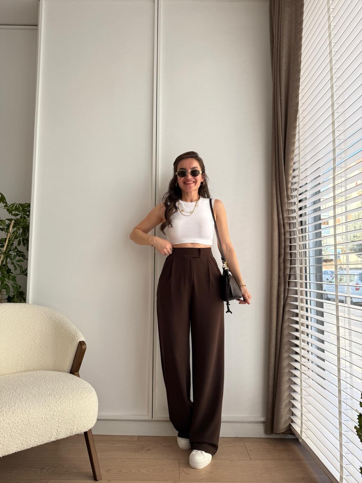 Kahve rengi Full Likralı Bel Detaylı Palazzo Pantolon 3826