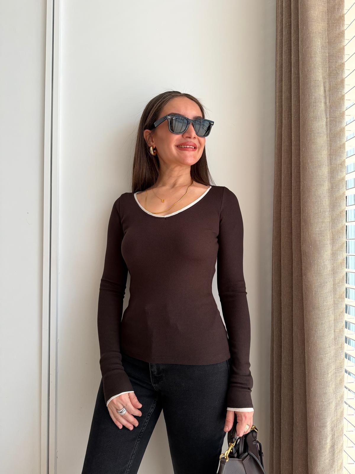 Kahve rengi Garnili Kaşkorse Bluz 17104