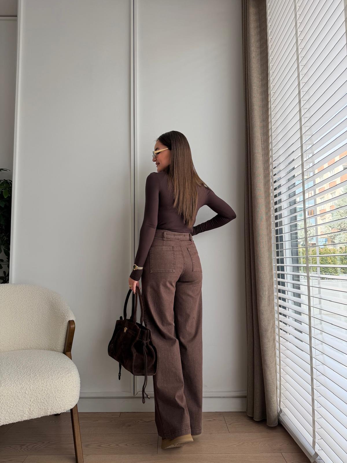 Kahve rengi Geniş Paça Ön Cepli Jean Pantolon D879
