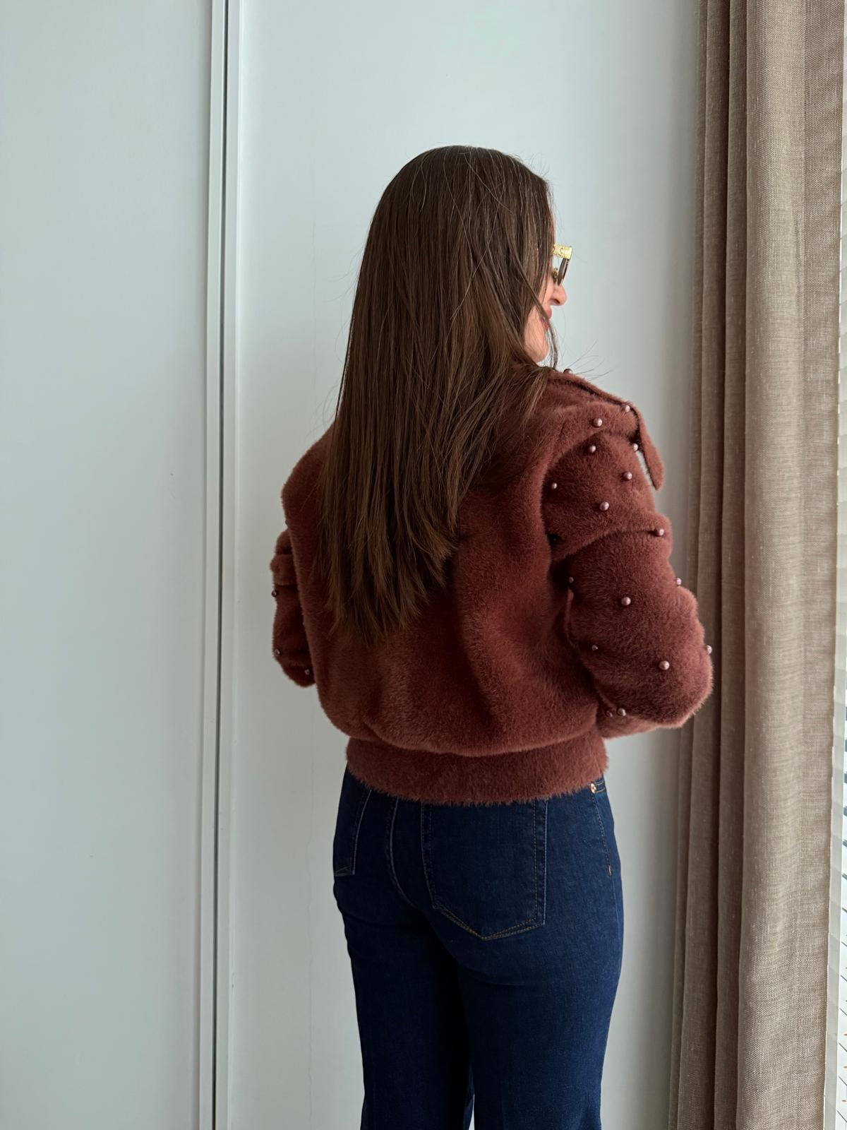 Kahve rengi Geniş Yaka İncili Angora Hırka 25425
