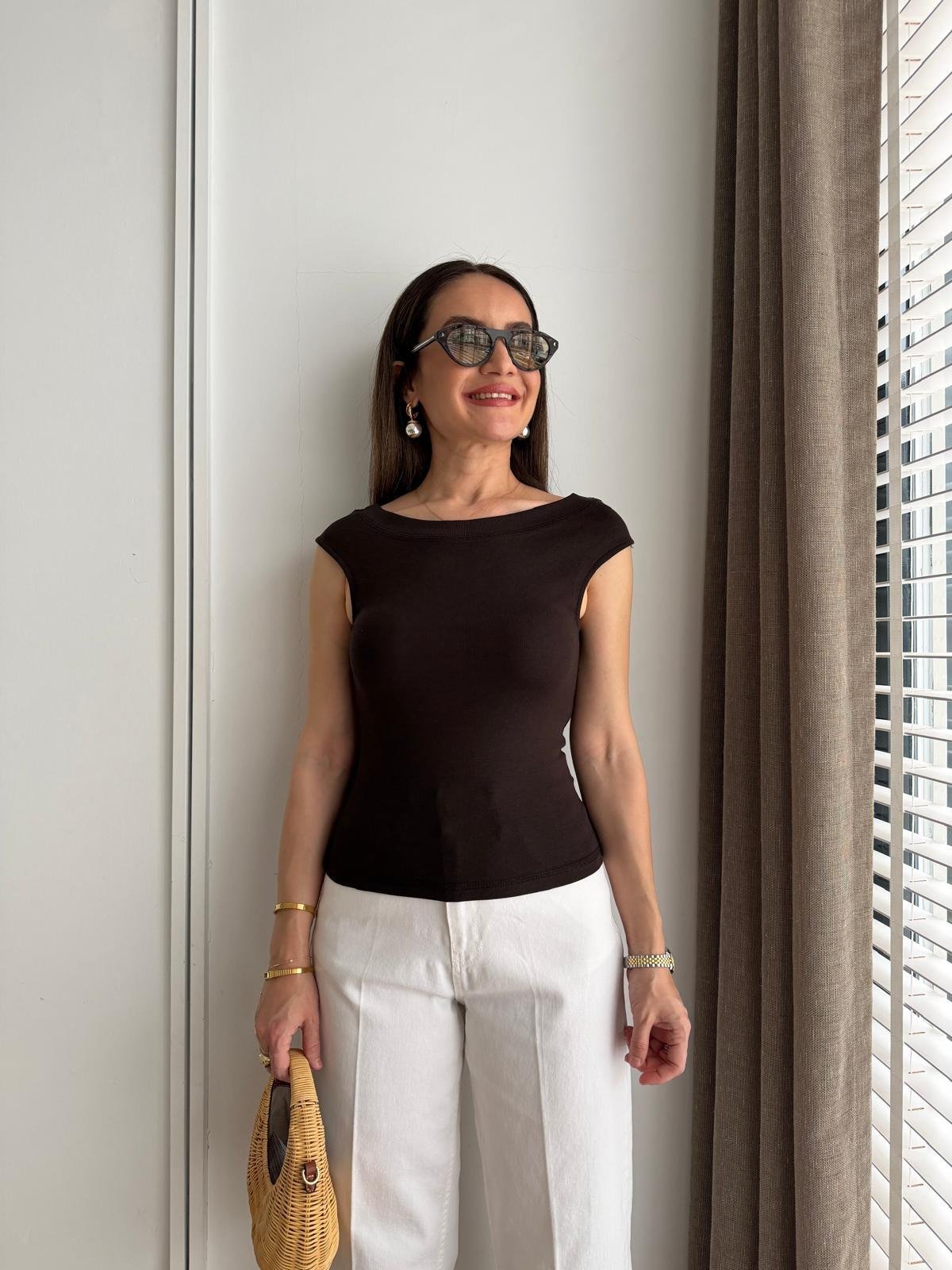 Kahve rengi Geniş Yaka Kaşkorse Bluz 17564